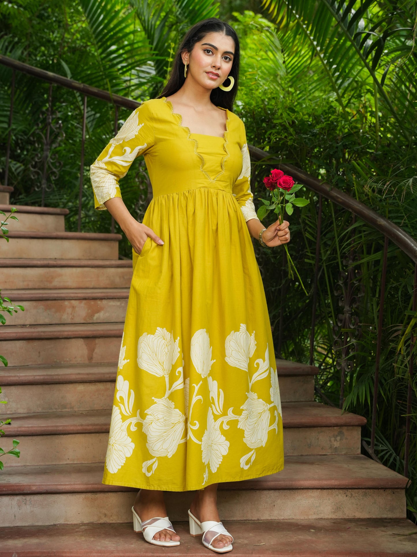 Embroidered Soft Cotton Placement Print Flared Lemon Yellow Dress