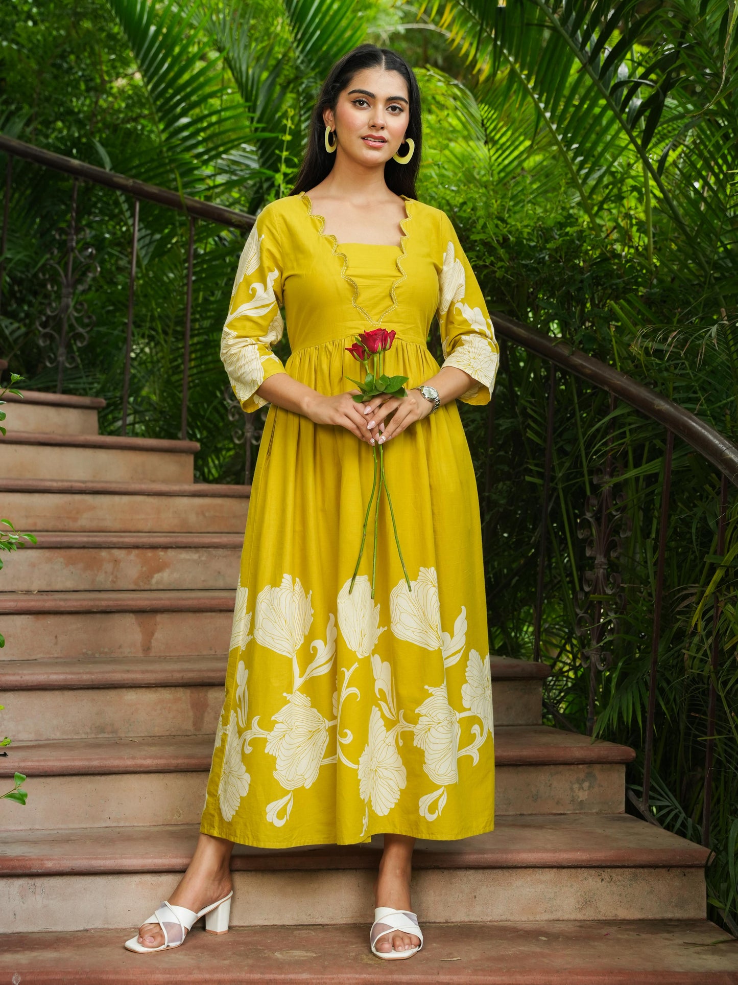 Embroidered Soft Cotton Placement Print Flared Lemon Yellow Dress
