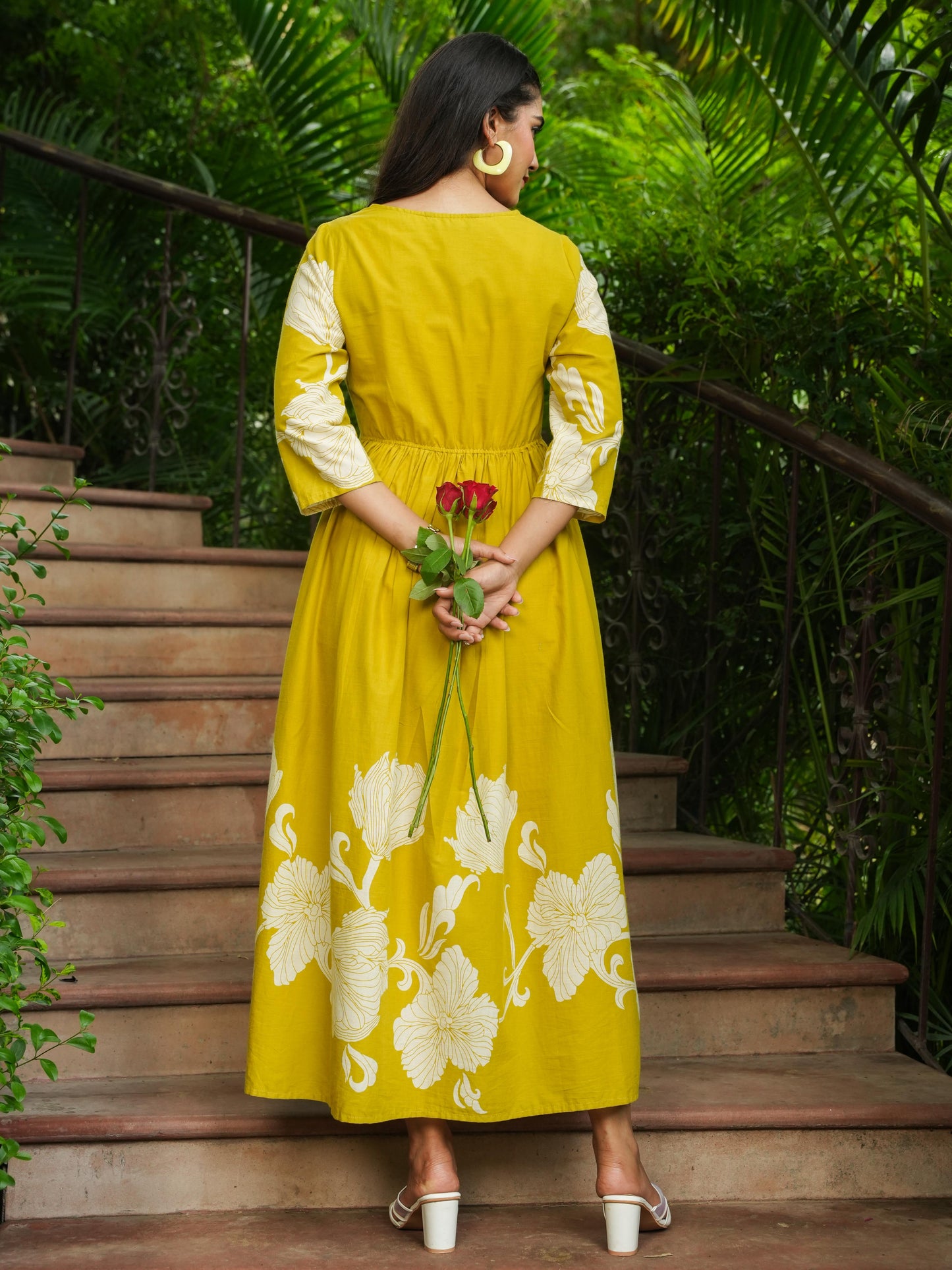 Embroidered Soft Cotton Placement Print Flared Lemon Yellow Dress