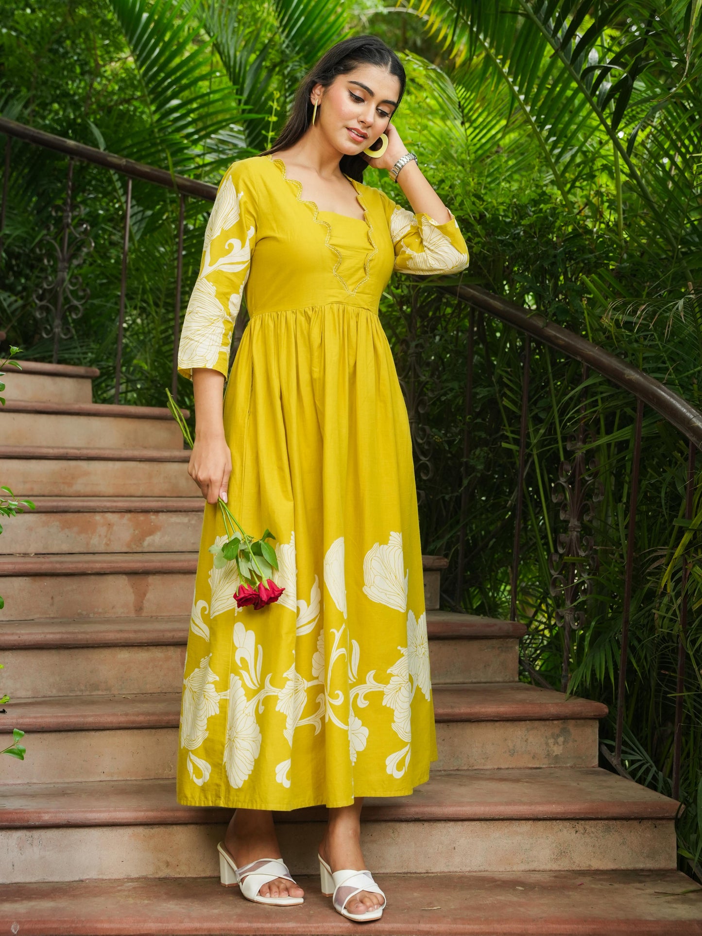 Embroidered Soft Cotton Placement Print Flared Lemon Yellow Dress