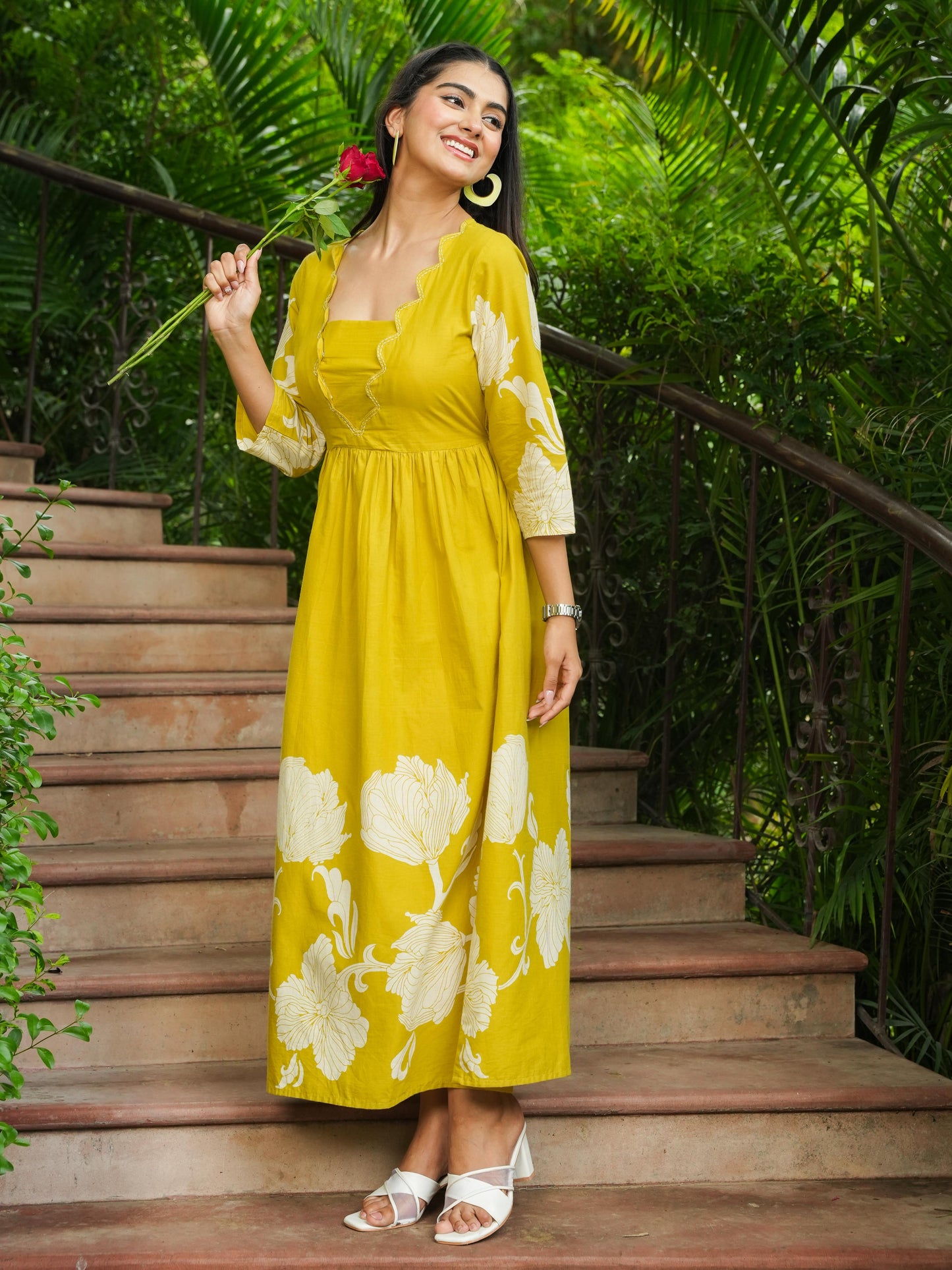 Embroidered Soft Cotton Placement Print Flared Lemon Yellow Dress