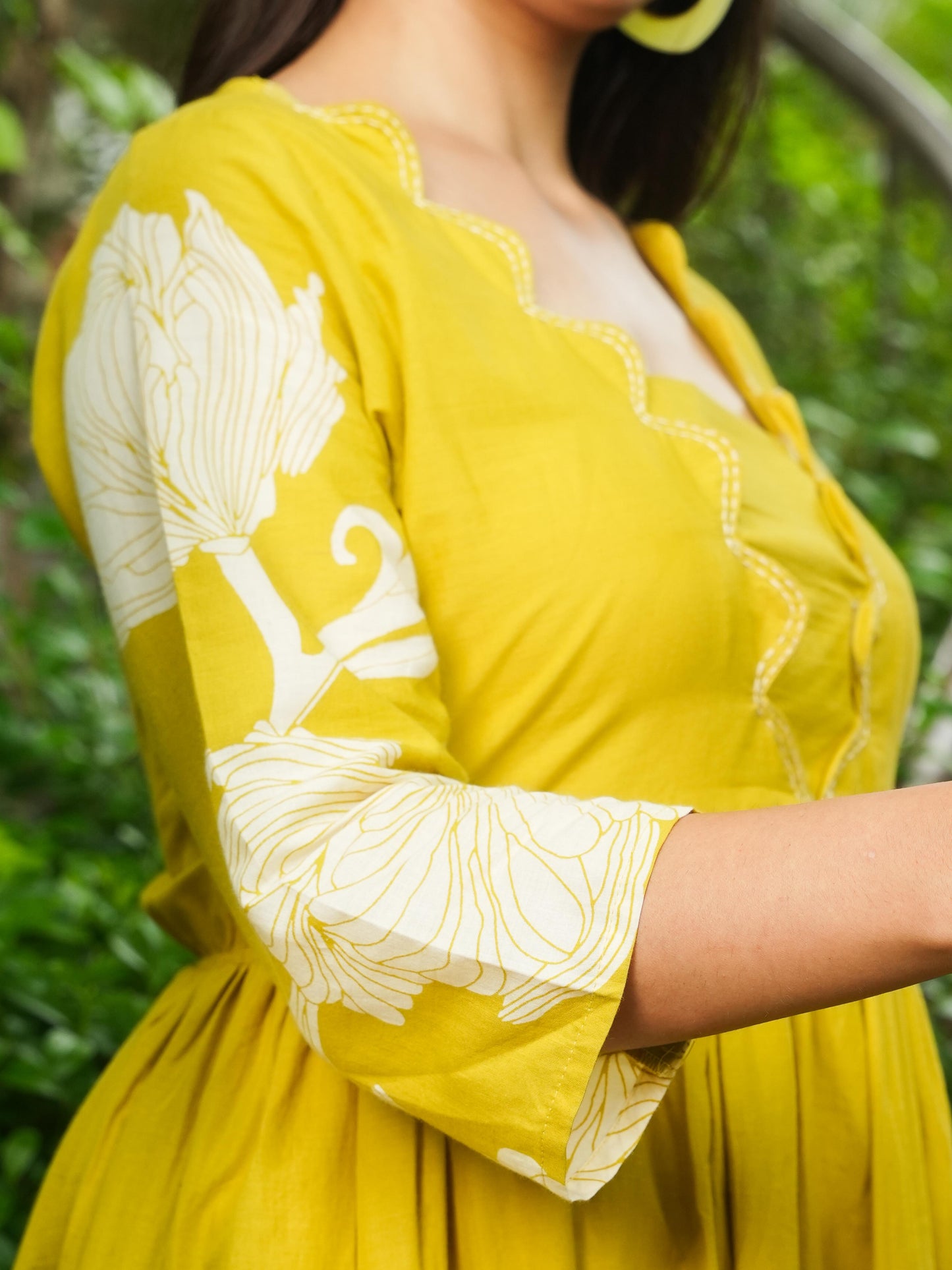 Embroidered Soft Cotton Placement Print Flared Lemon Yellow Dress