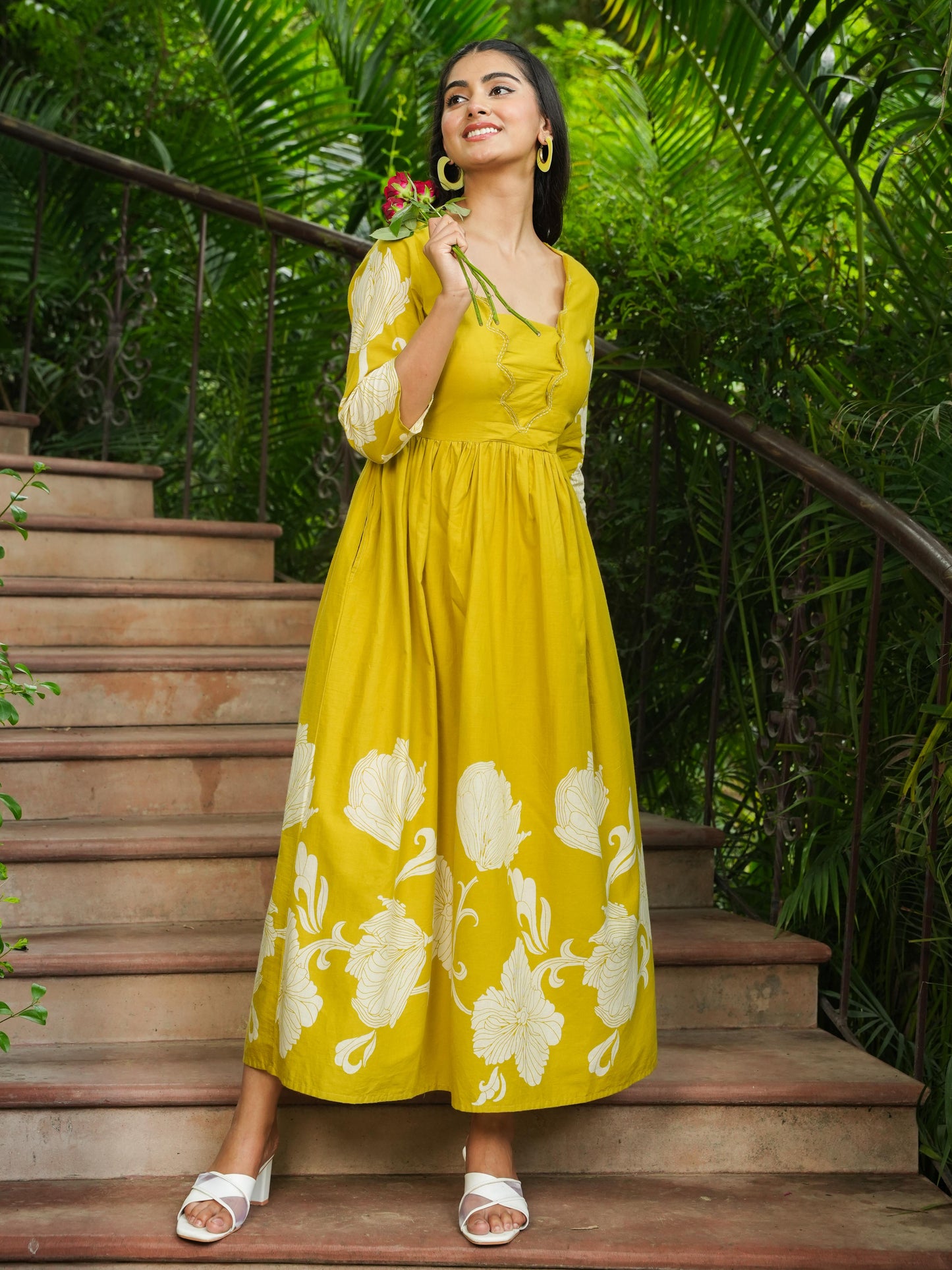 Embroidered Soft Cotton Placement Print Flared Lemon Yellow Dress