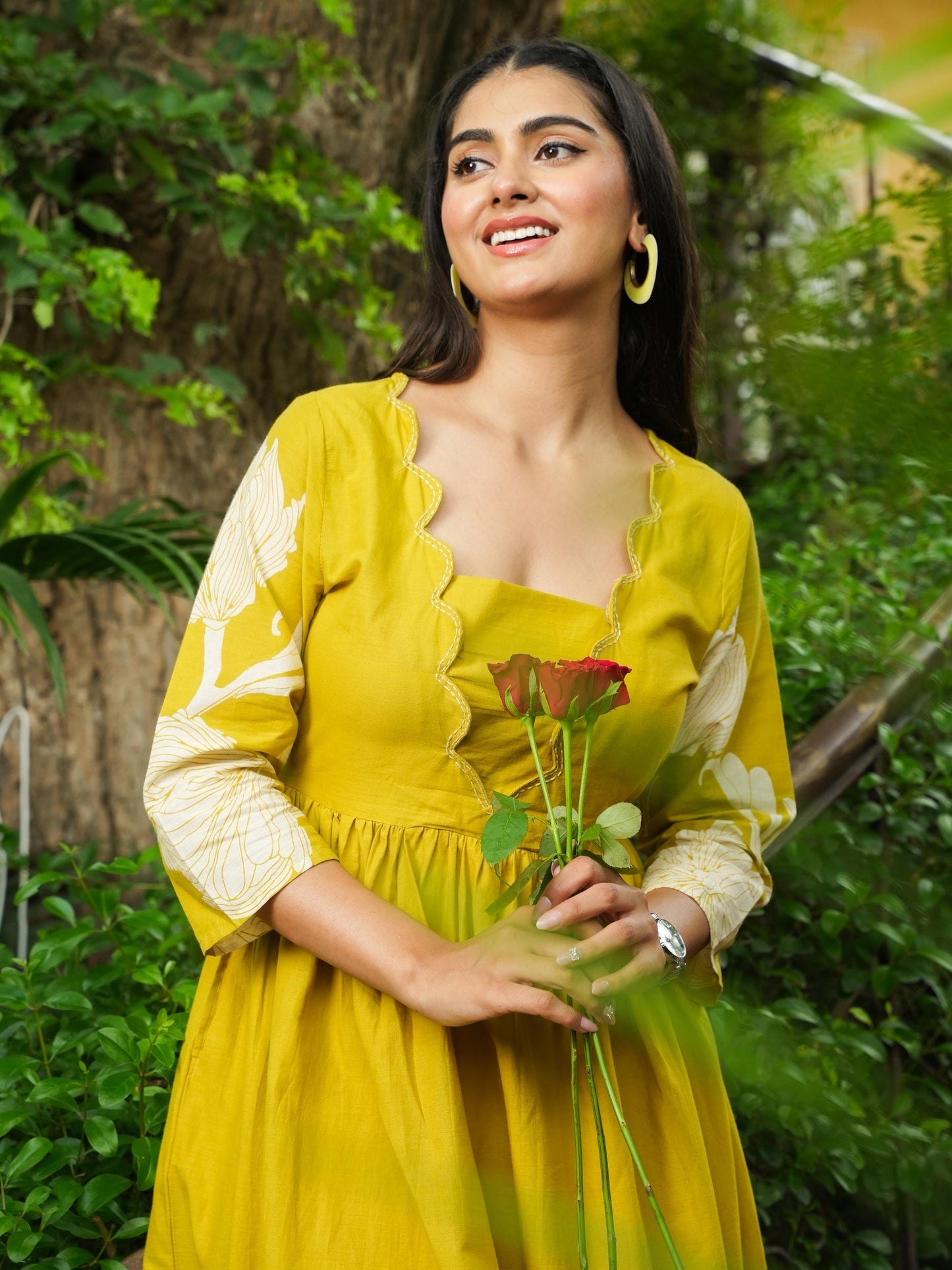 Embroidered Soft Cotton Placement Print Flared Lemon Yellow Dress