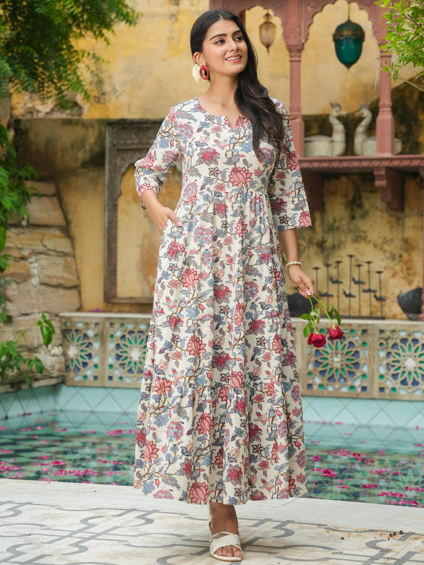 Linen Cotton Floral Anarkali Off White Dress
