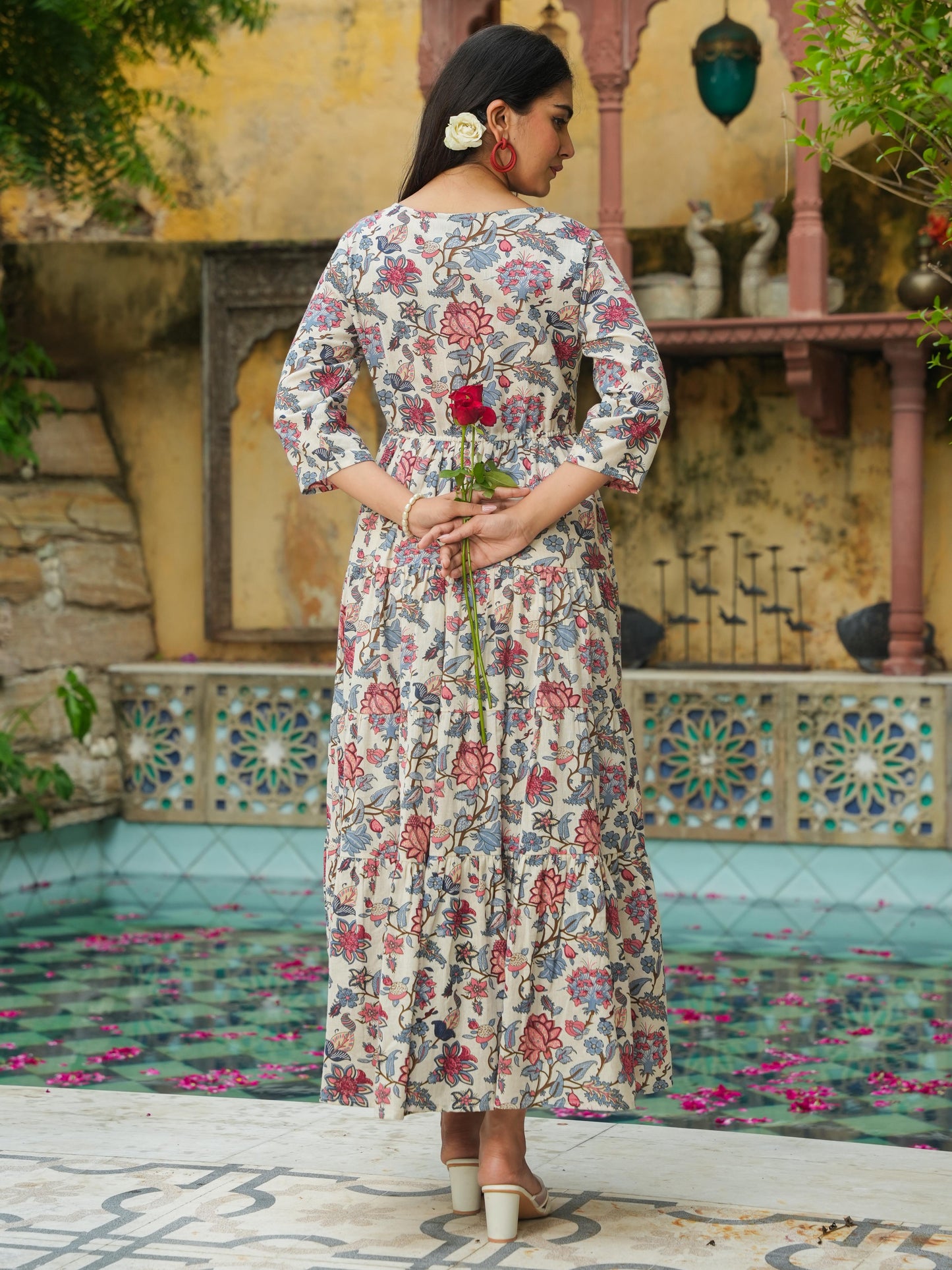 Linen Cotton Floral Anarkali Off White Dress