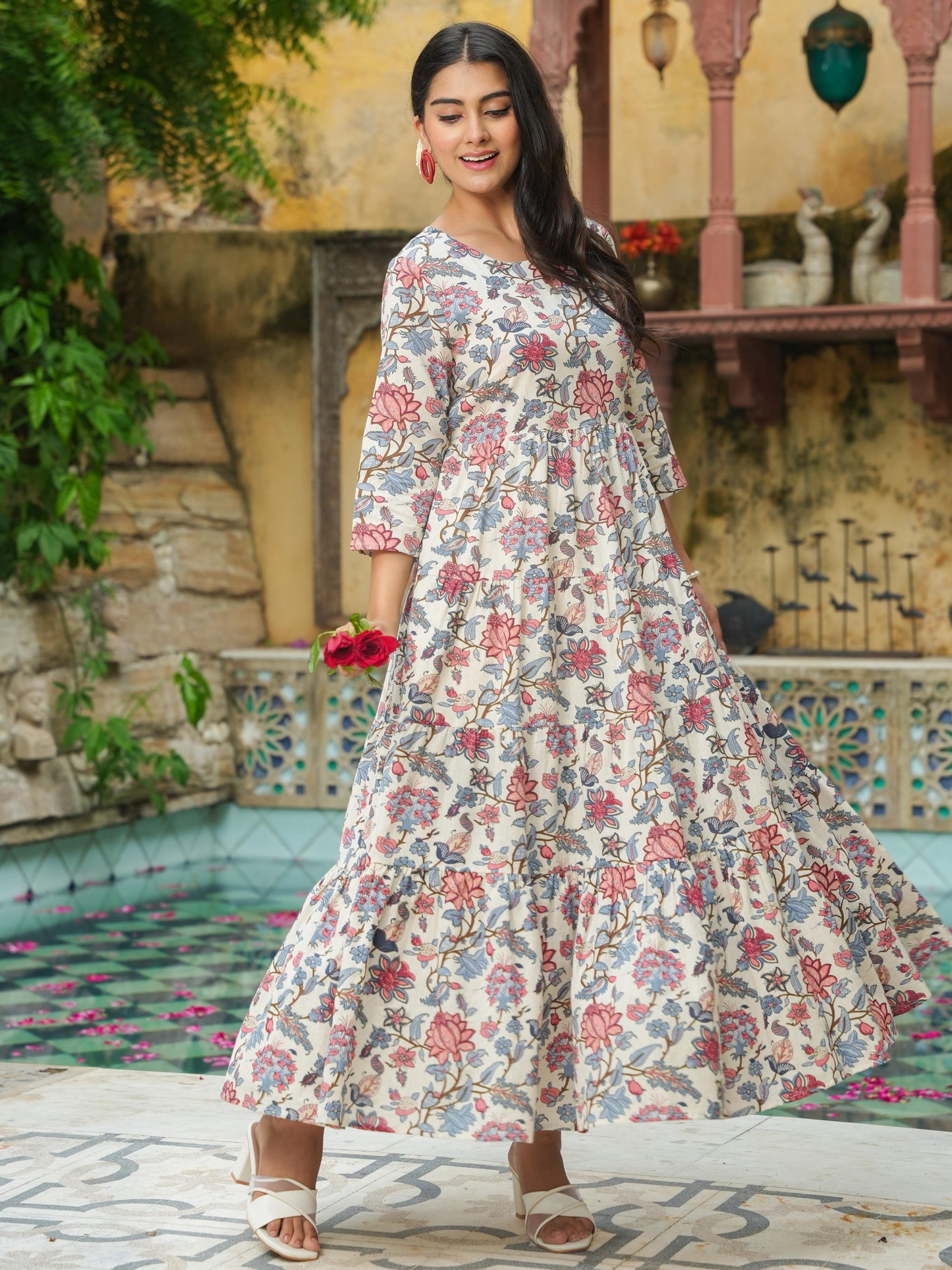 Linen Cotton Floral Anarkali Off White Dress
