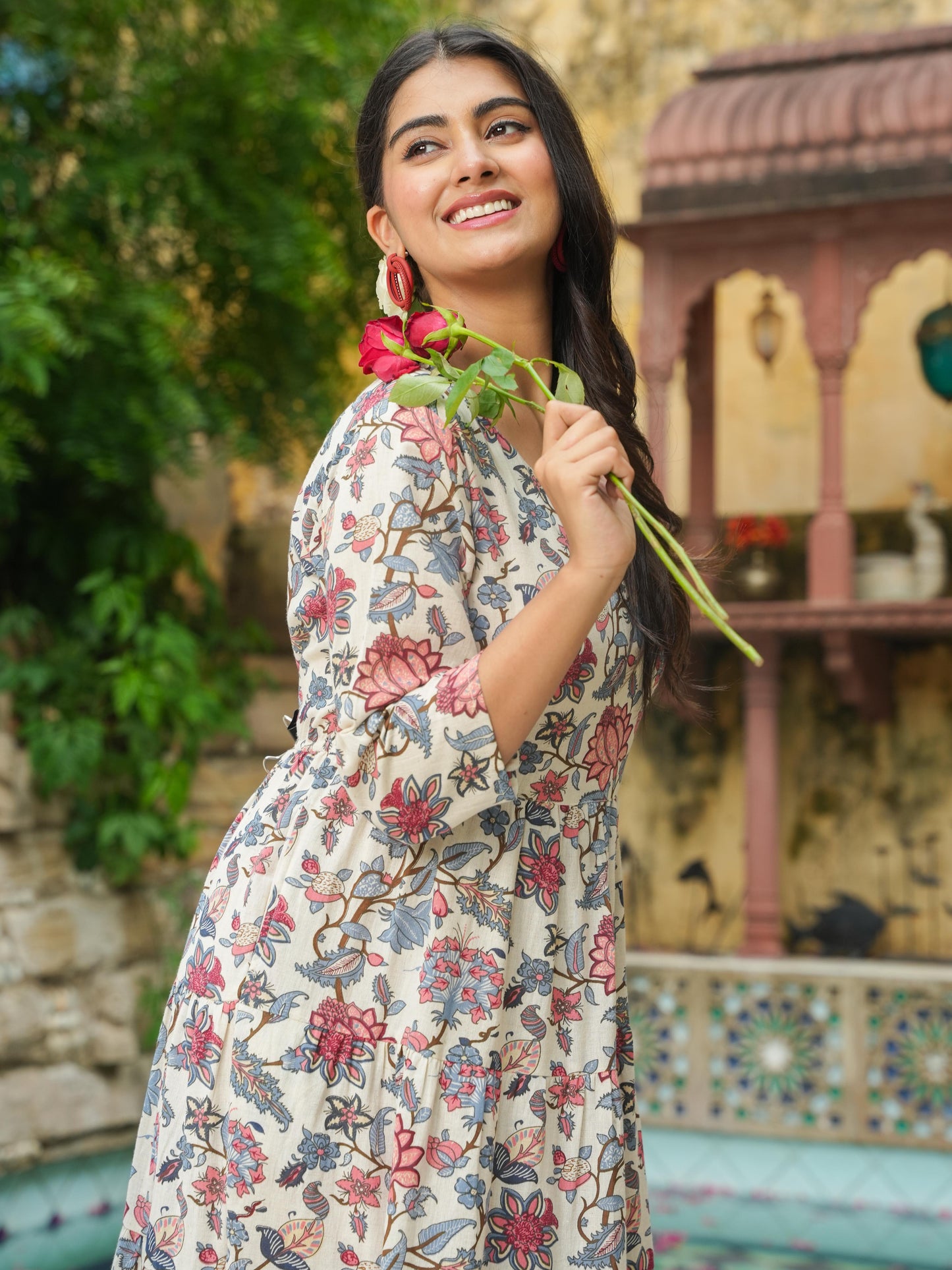 Linen Cotton Floral Anarkali Off White Dress