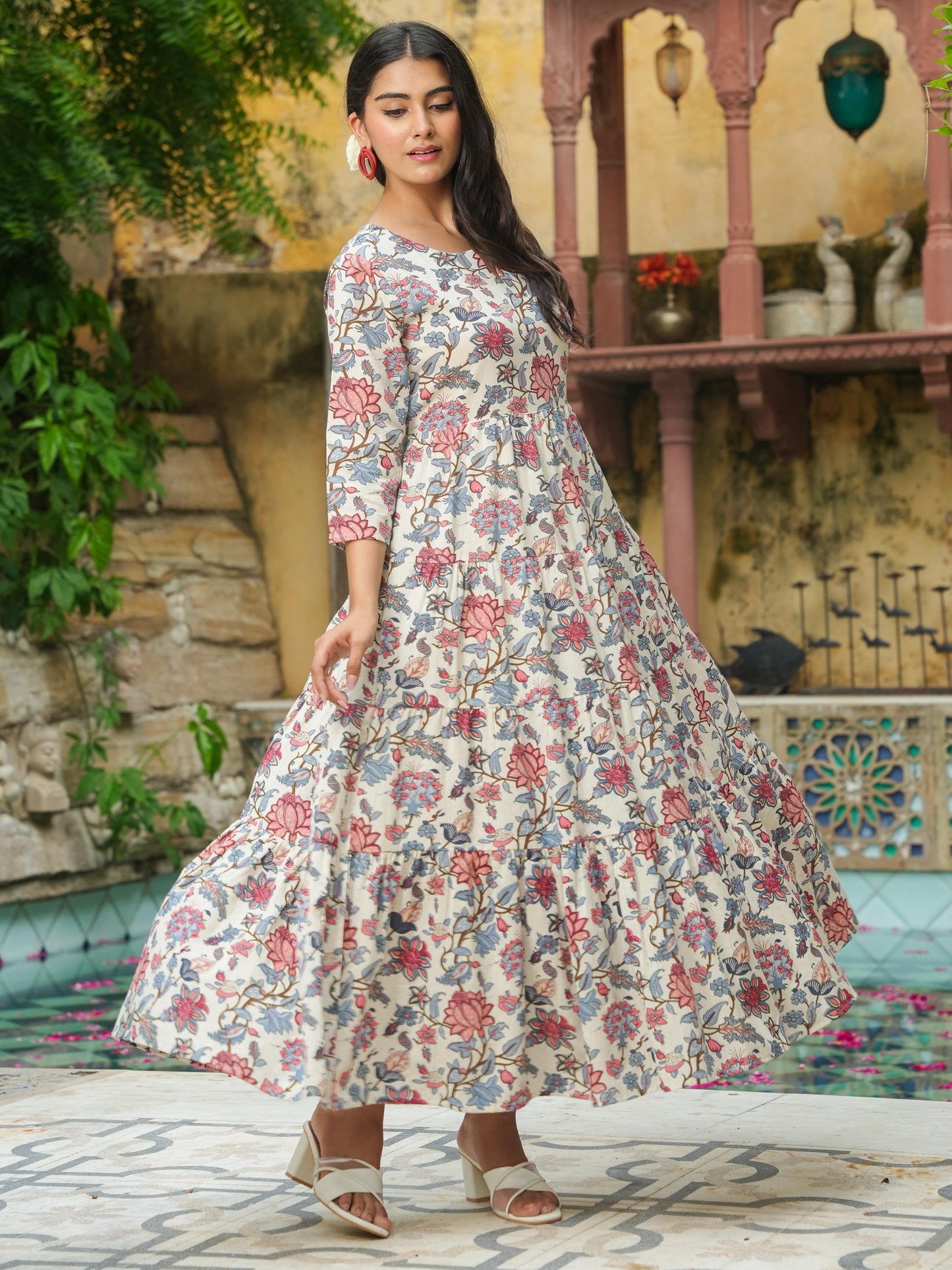 Linen Cotton Floral Anarkali Off White Dress