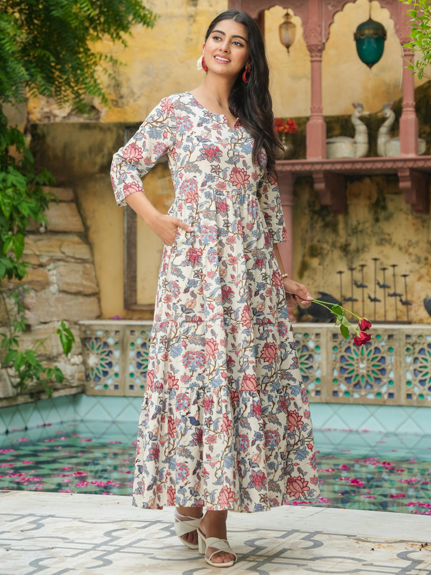 Linen Cotton Floral Anarkali Off White Dress