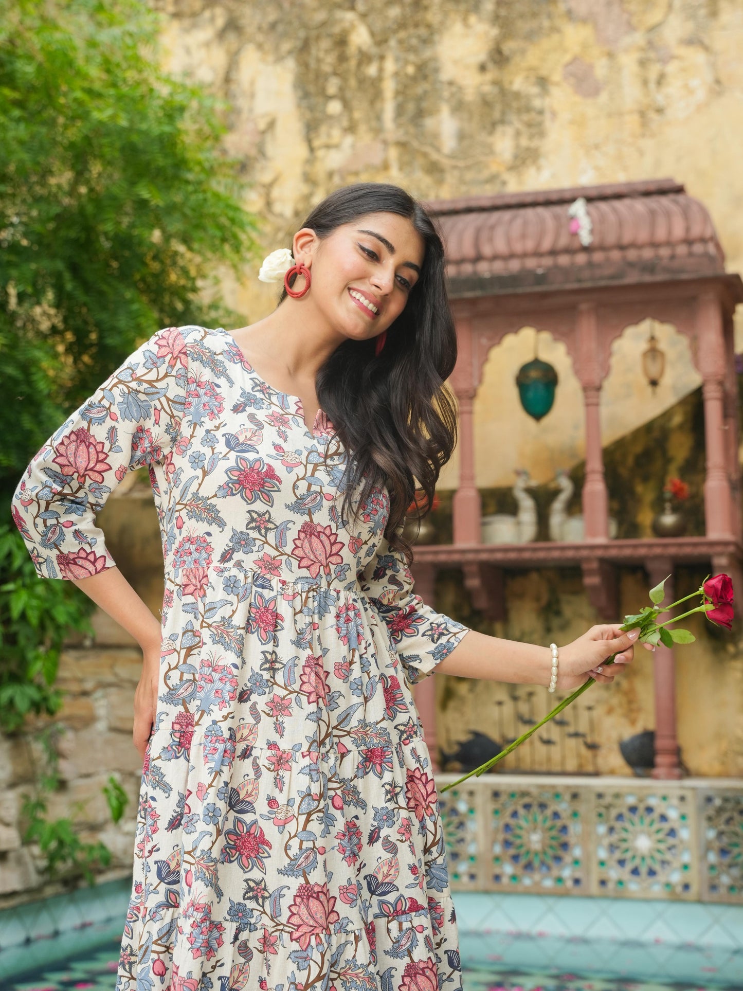 Linen Cotton Floral Anarkali Off White Dress