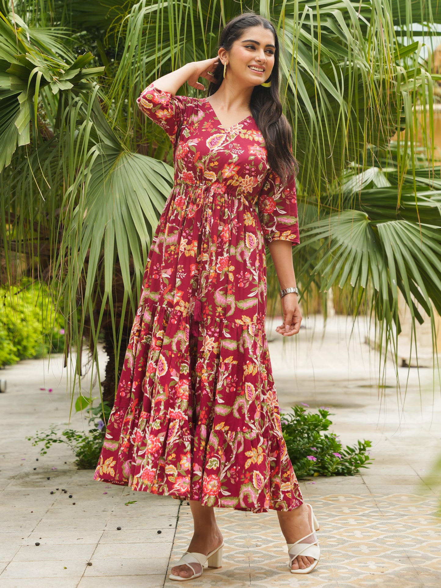 Soft Cotton Floral A-line Maroon Dress