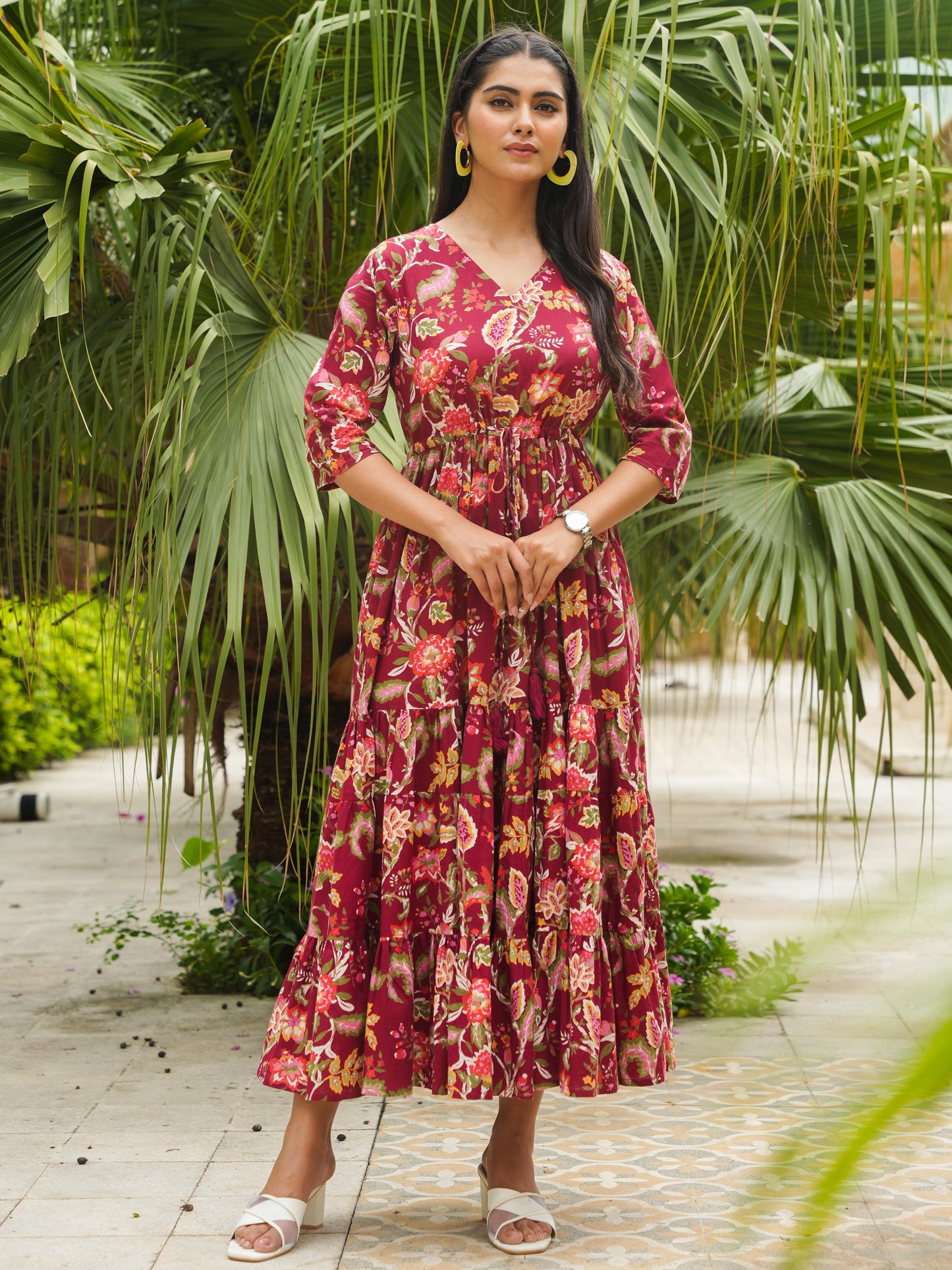 Soft Cotton Floral A-line Maroon Dress