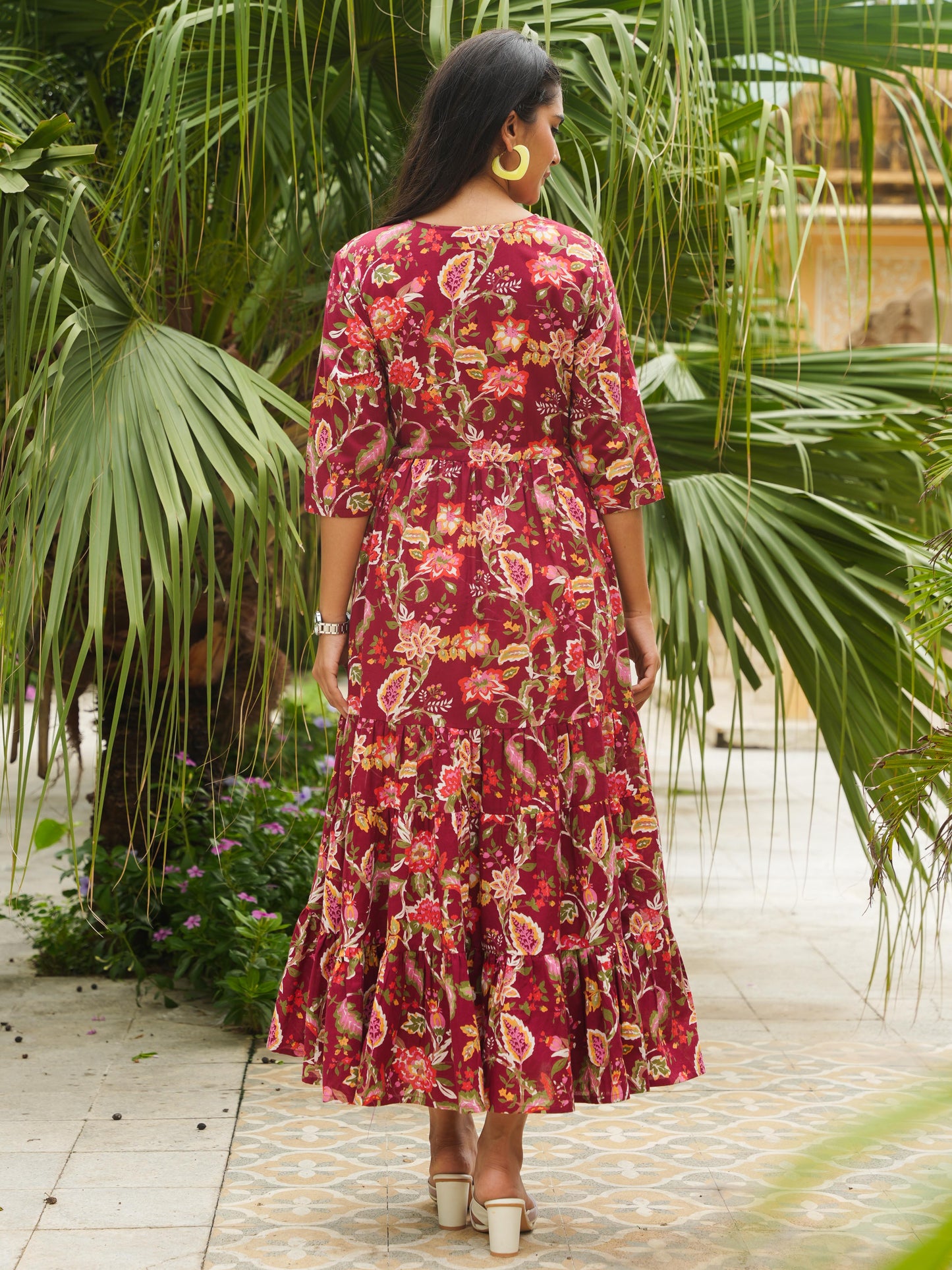 Soft Cotton Floral A-line Maroon Dress