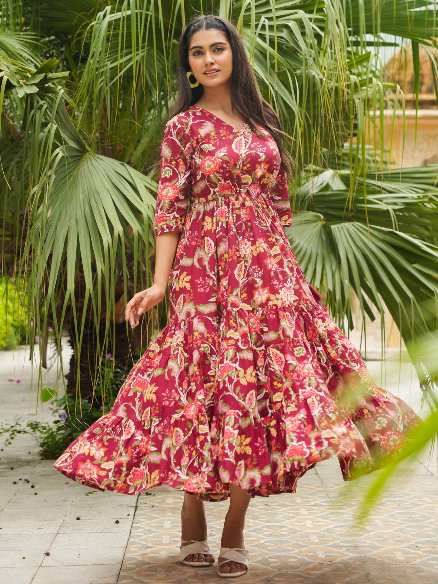 Soft Cotton Floral A-line Maroon Dress