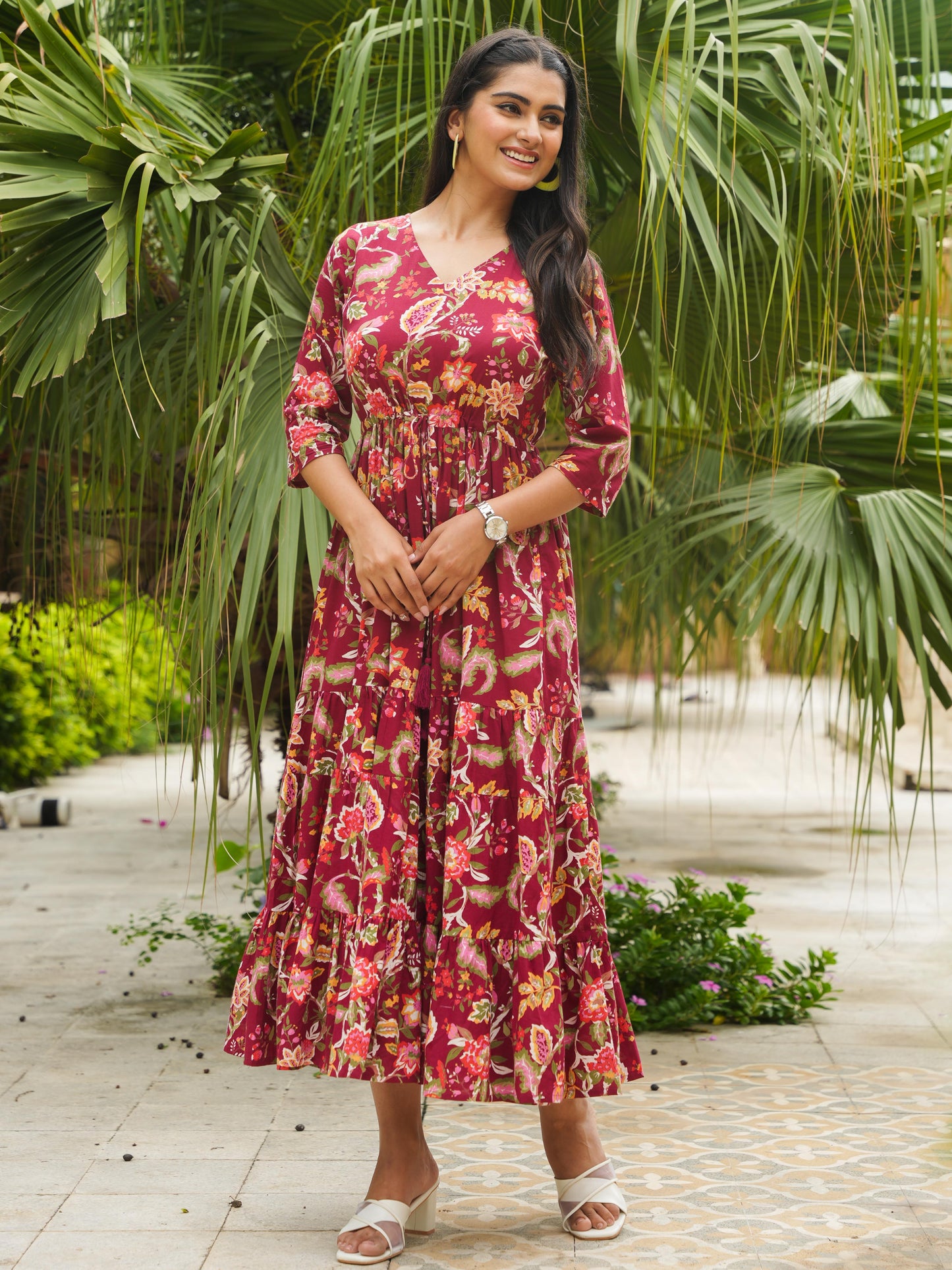 Soft Cotton Floral A-line Maroon Dress
