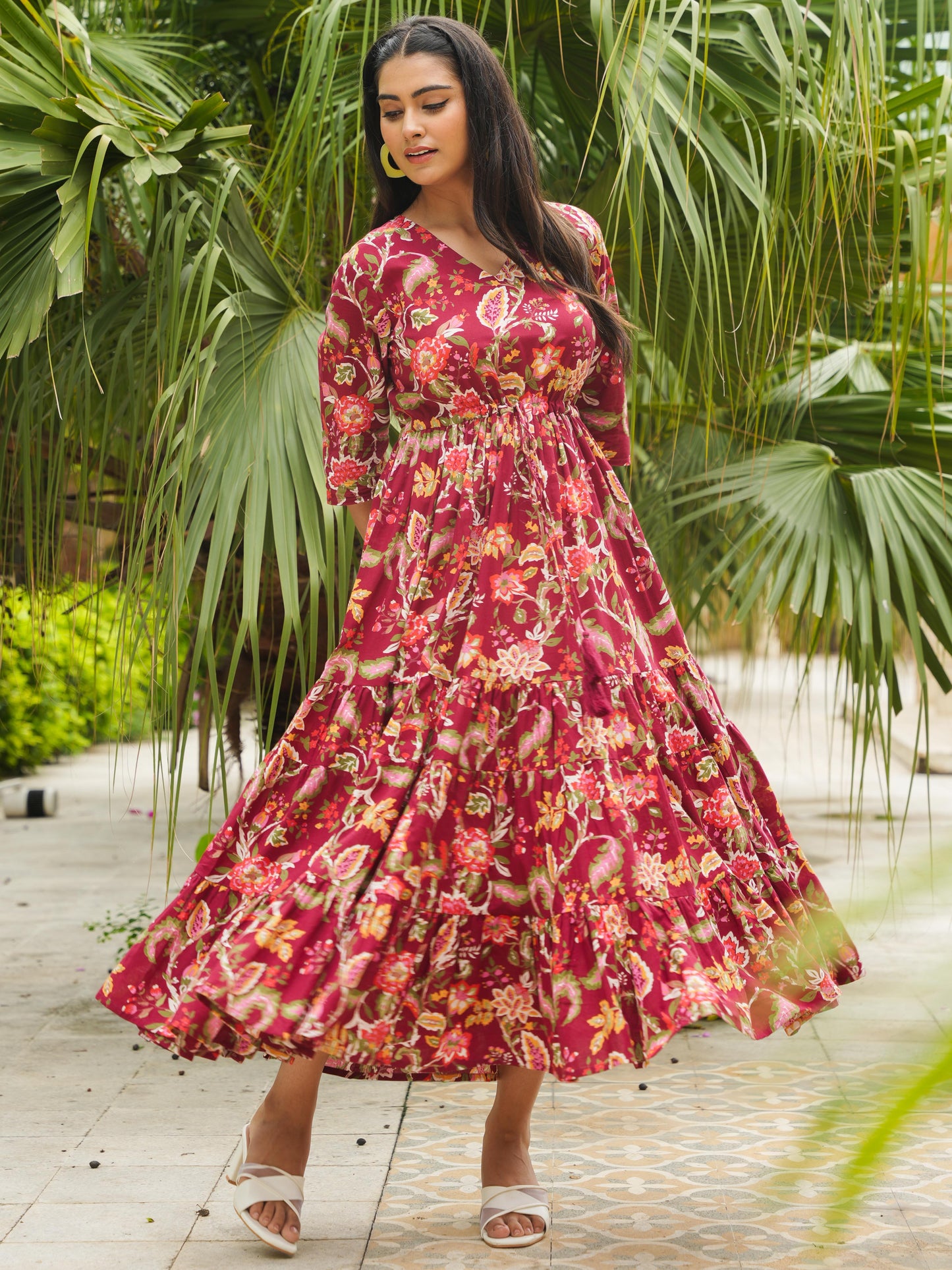 Soft Cotton Floral A-line Maroon Dress