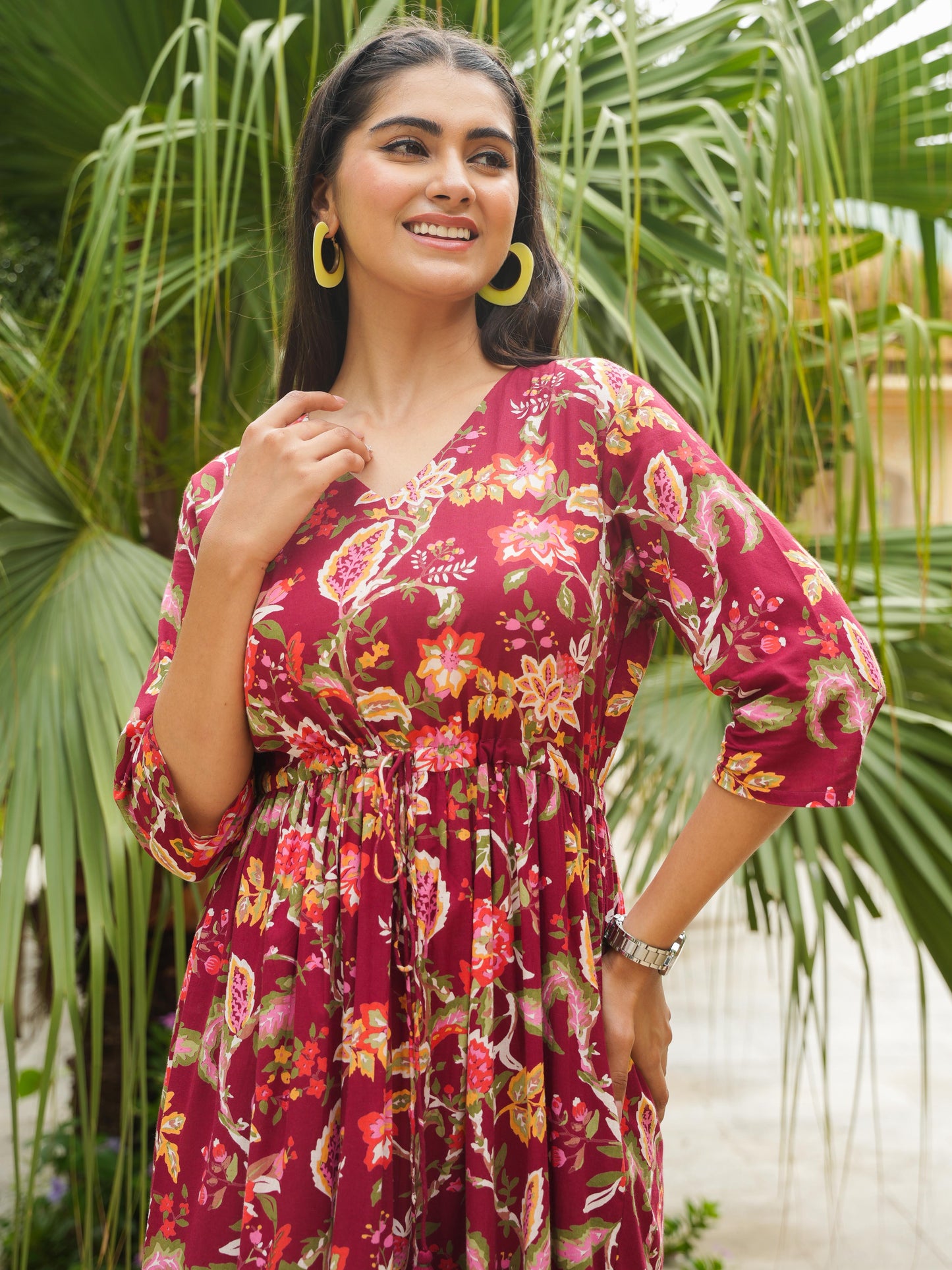Soft Cotton Floral A-line Maroon Dress