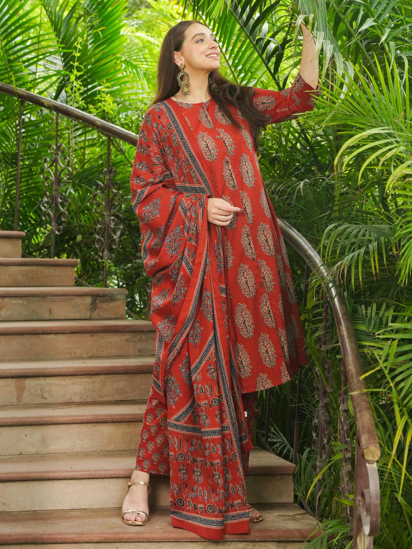 Soft Cotton Floral A-line Rust Kurta