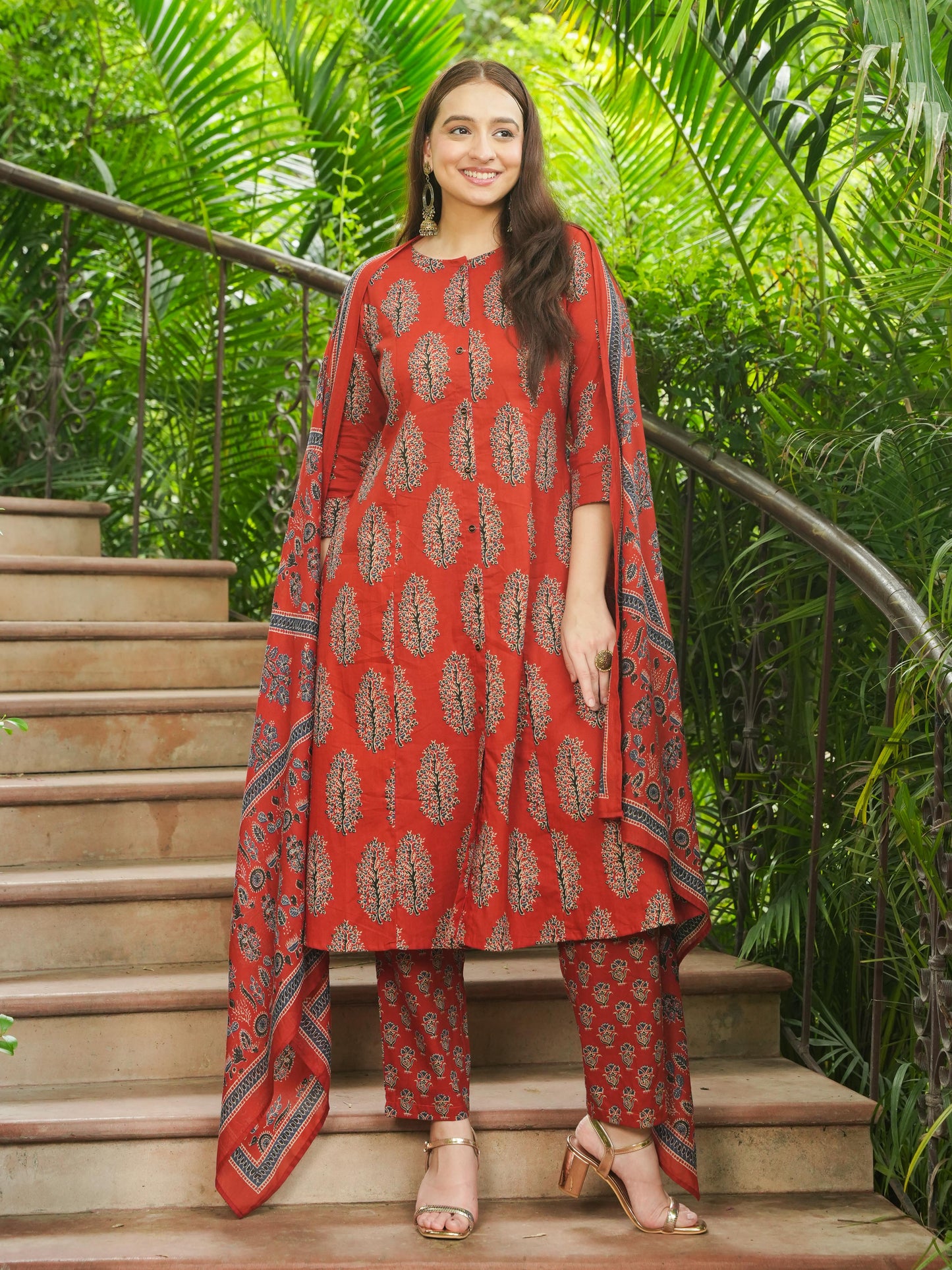 Soft Cotton Floral A-line Rust Kurta