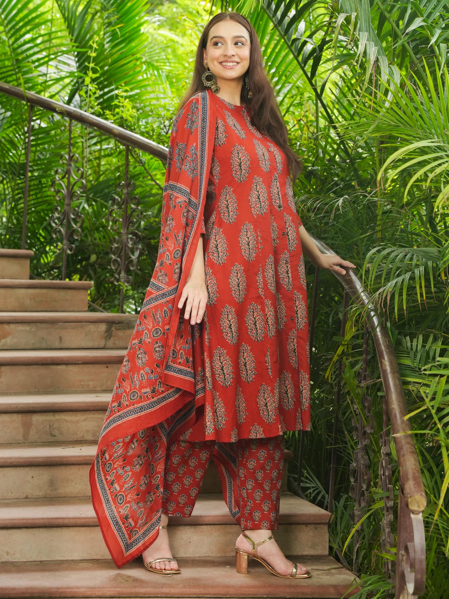 Soft Cotton Floral A-line Rust Kurta