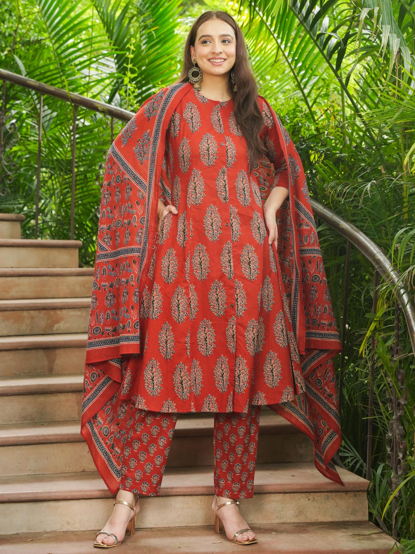 Cotton Voile Floral Rust Dupatta