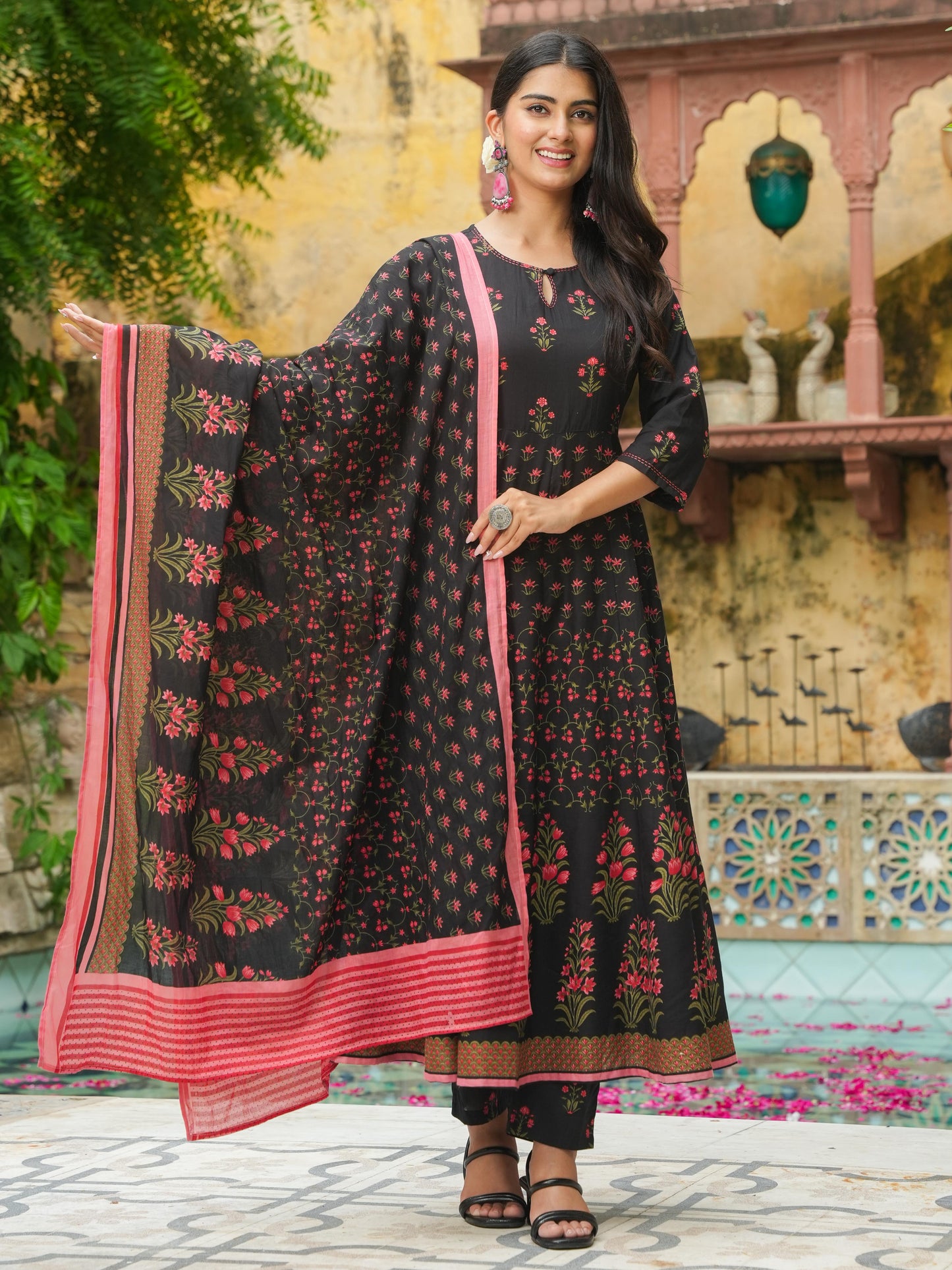 Cotton Voile Floral Black Dupatta