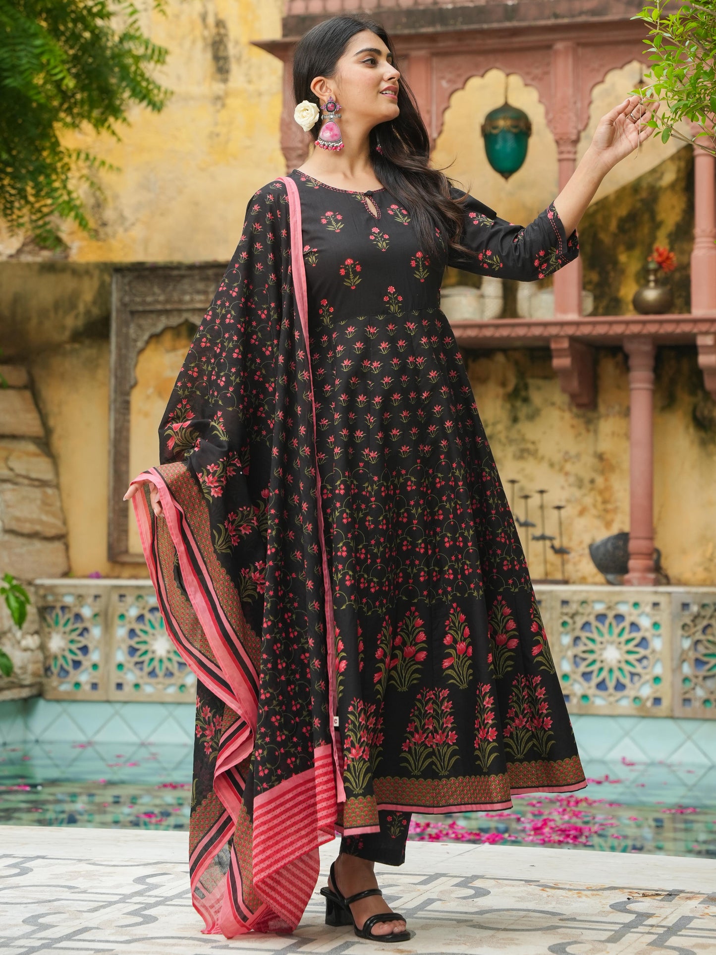 Cotton Voile Floral Black Dupatta