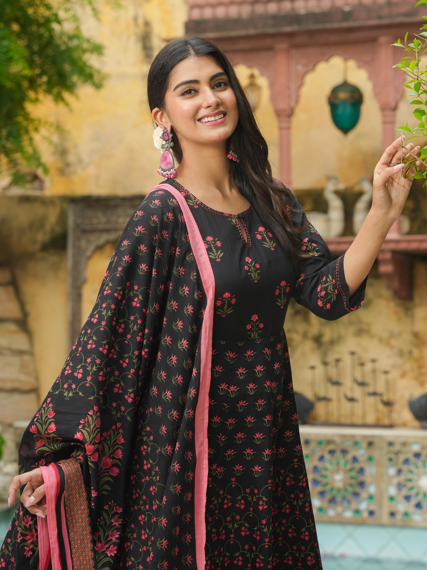 Cotton Voile Floral Black Dupatta
