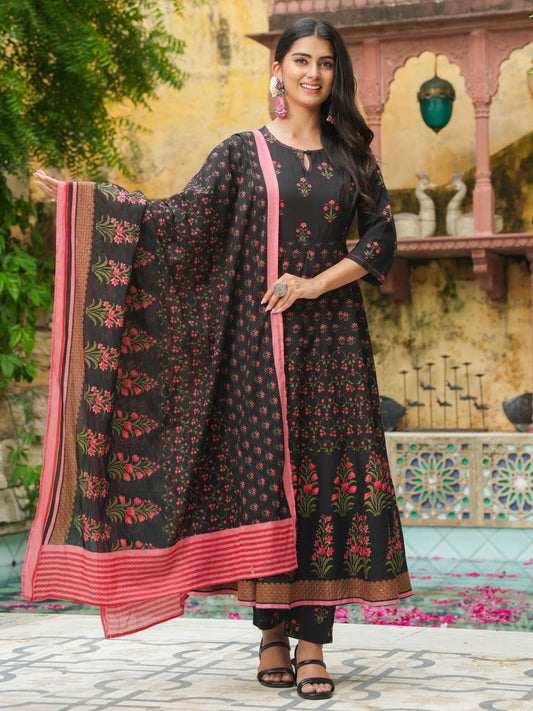 Soft Cotton Floral Anarkali Black Kurta