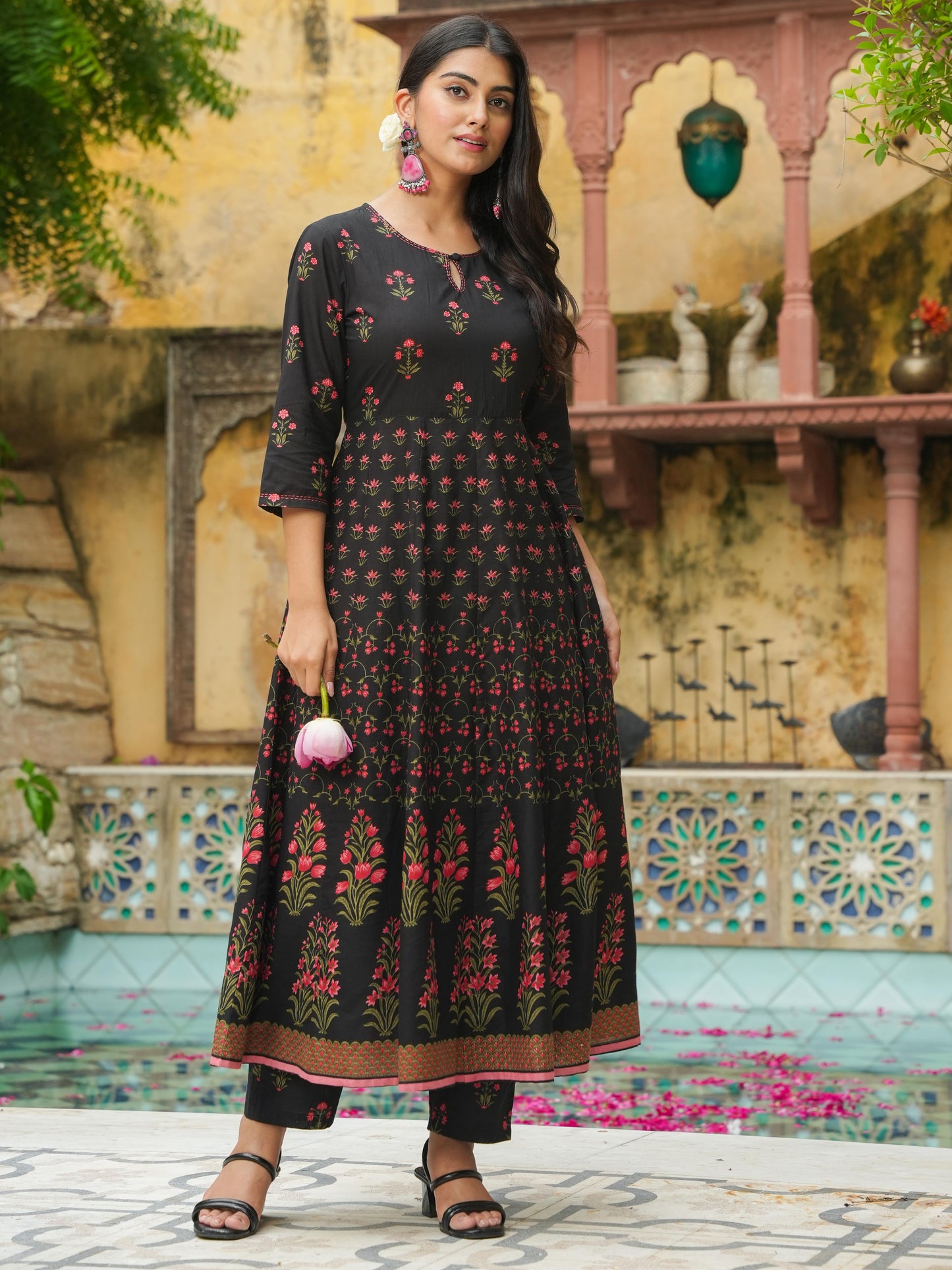 Soft Cotton Floral Anarkali Black Kurta
