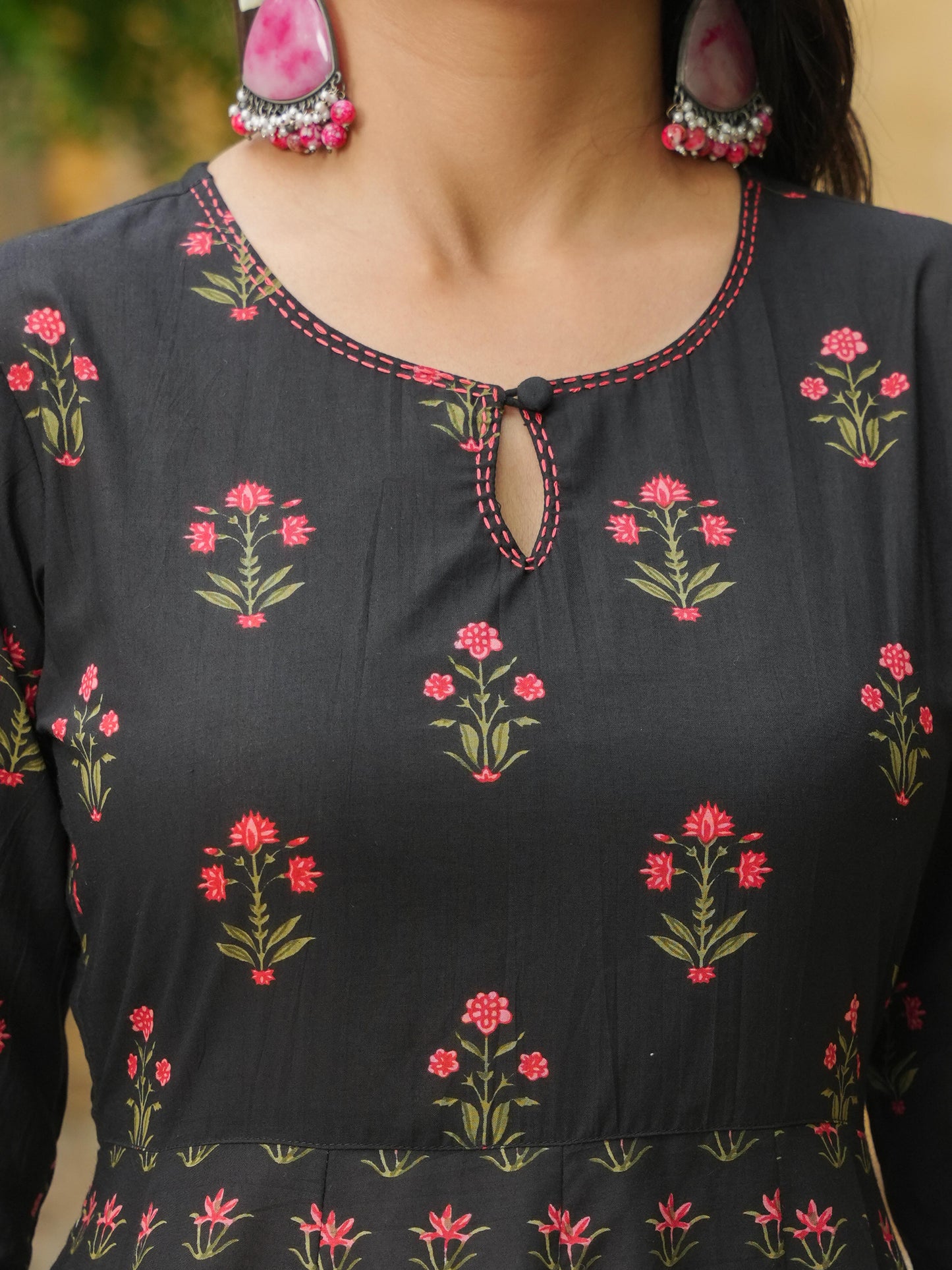 Soft Cotton Floral Anarkali Black Kurta