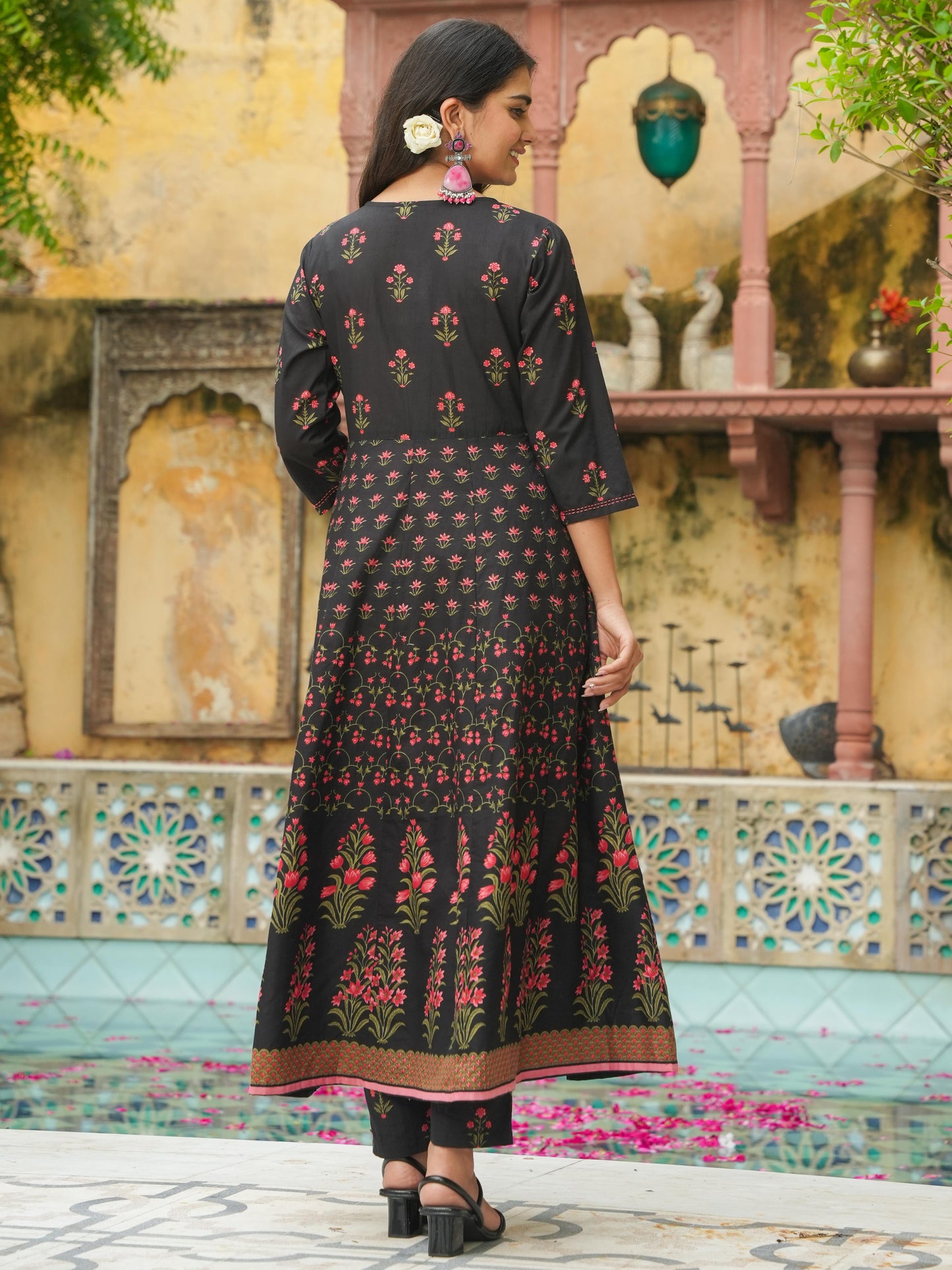 Soft Cotton Floral Anarkali Black Kurta