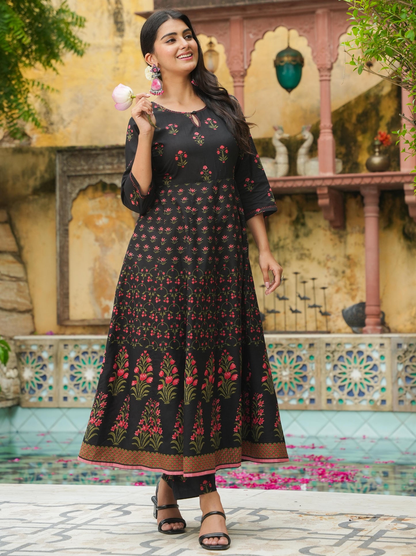 Soft Cotton Floral Anarkali Black Kurta