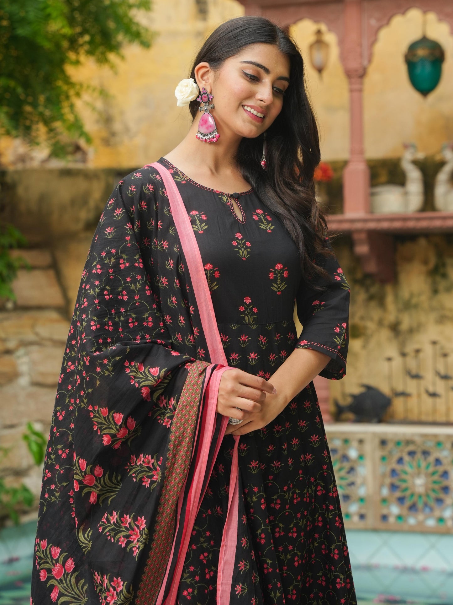 Soft Cotton Floral Anarkali Black Kurta