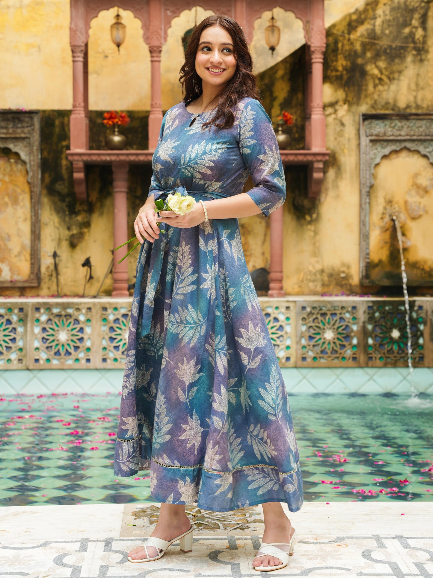 Blended Silk Floral Anarkali Blue Dress
