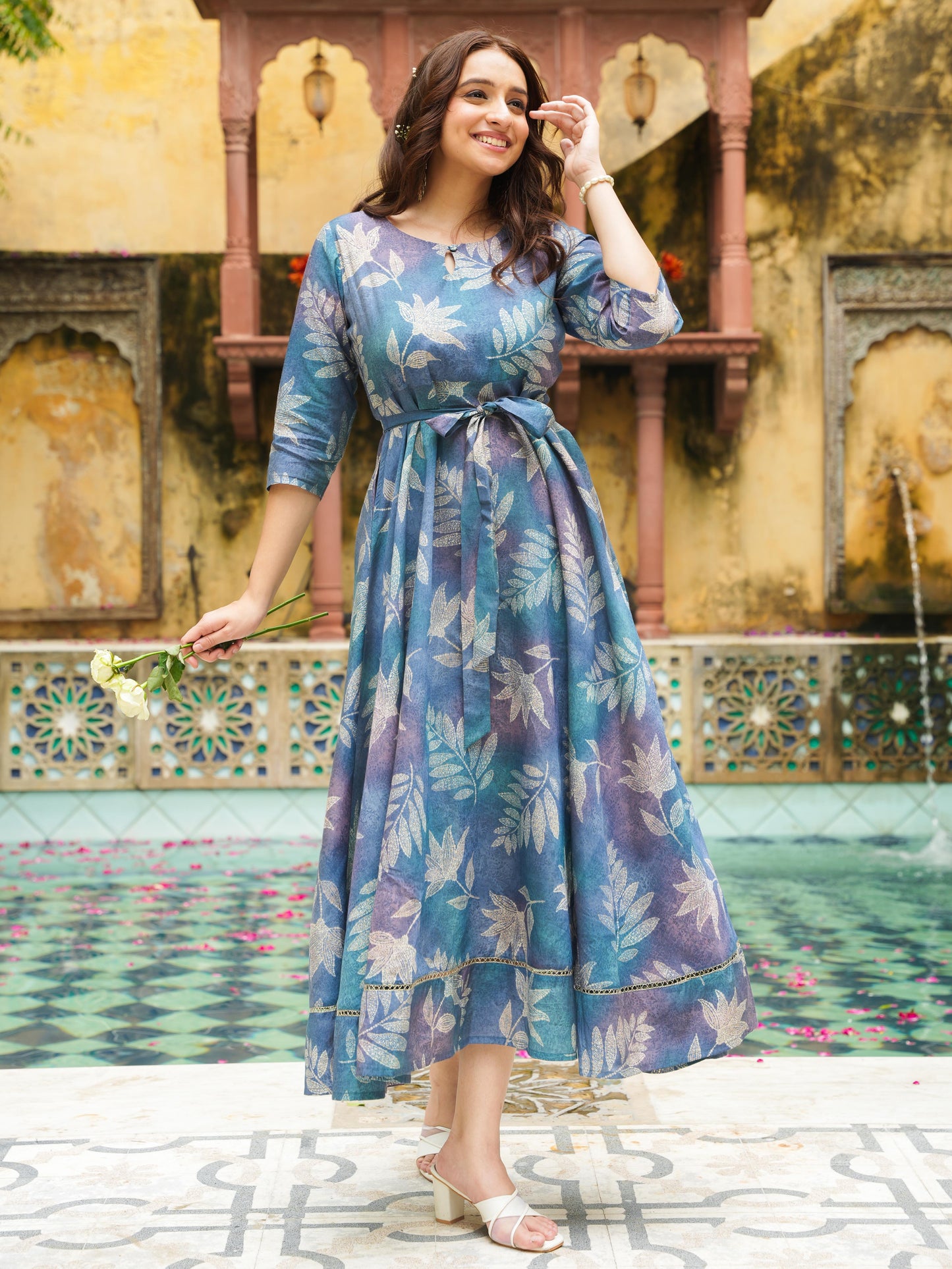 Blended Silk Floral Anarkali Blue Dress