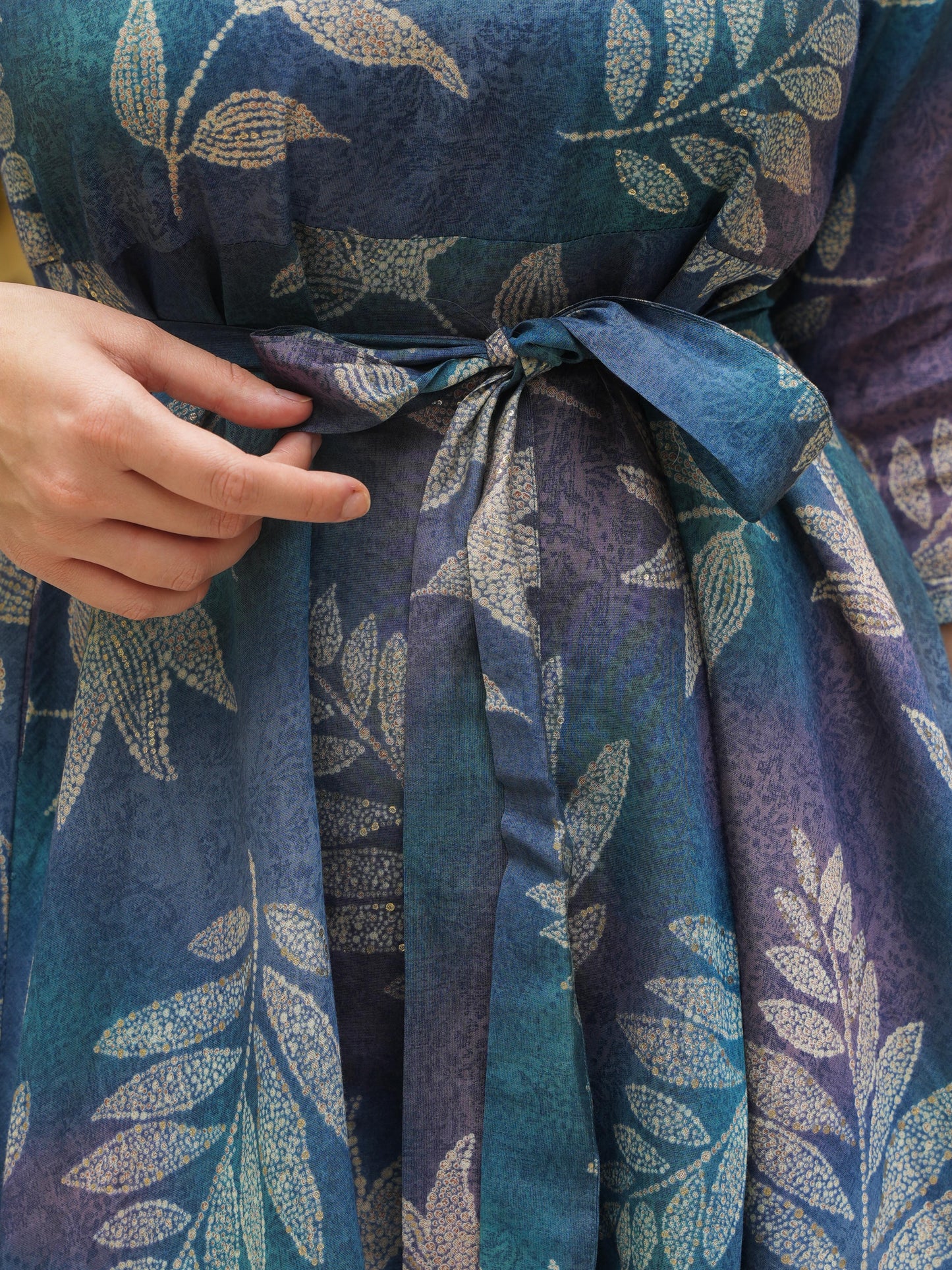 Blended Silk Floral Anarkali Blue Dress