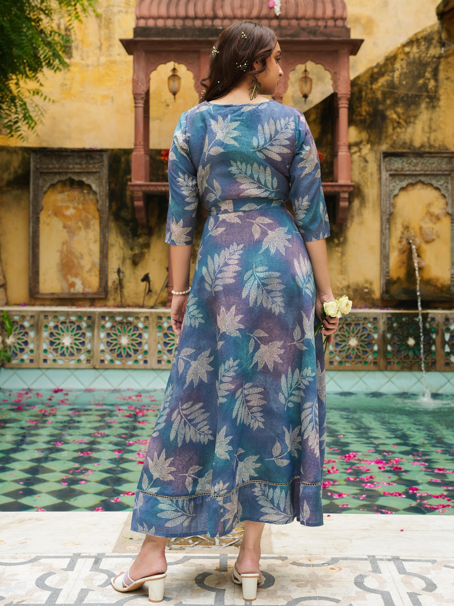 Blended Silk Floral Anarkali Blue Dress