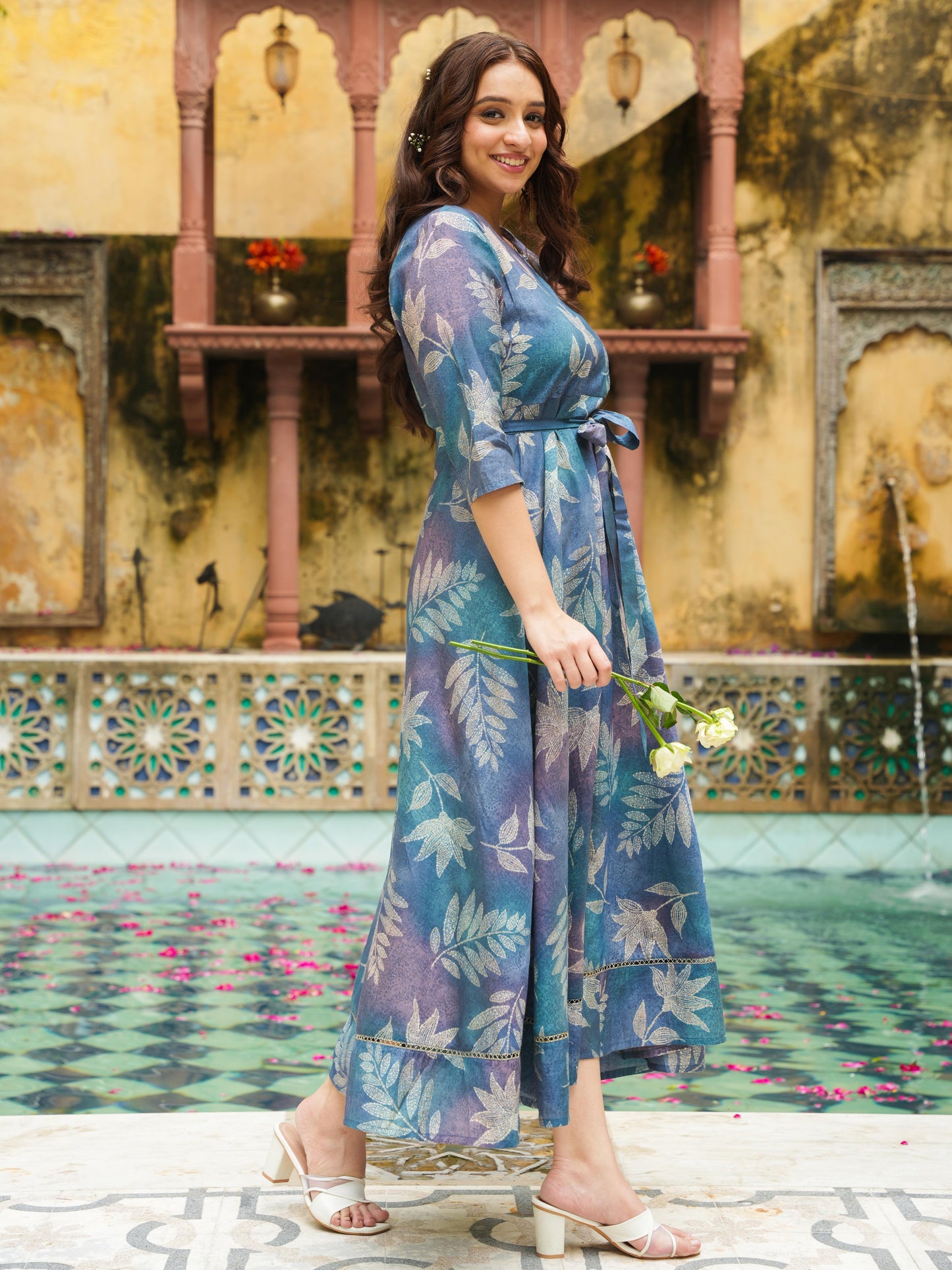 Blended Silk Floral Anarkali Blue Dress