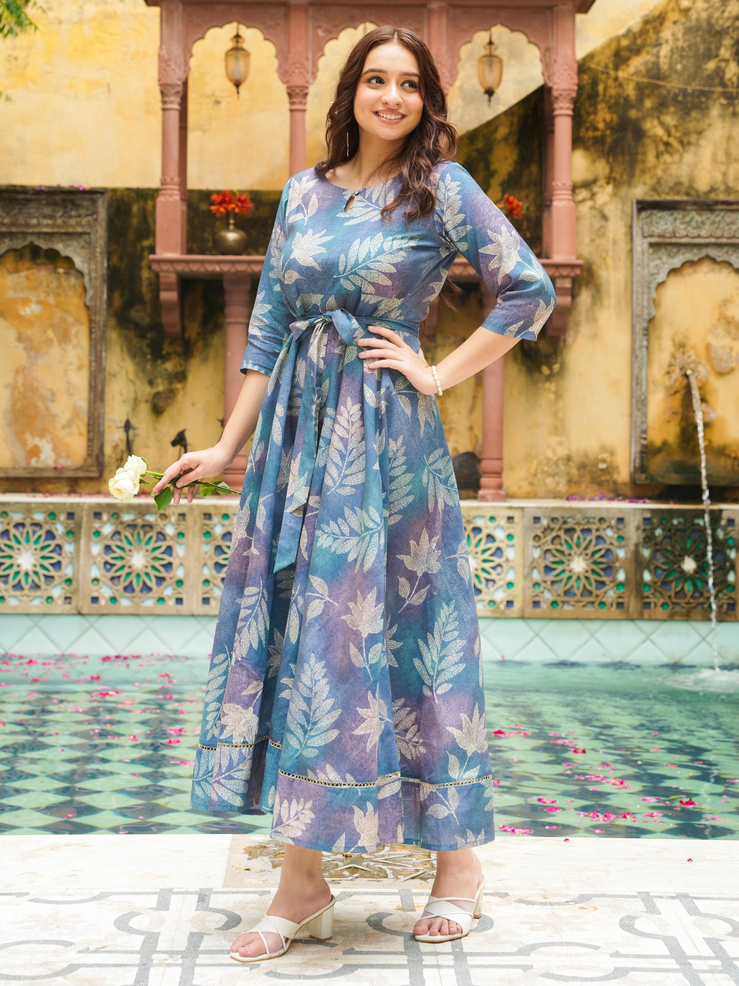 Blended Silk Floral Anarkali Blue Dress