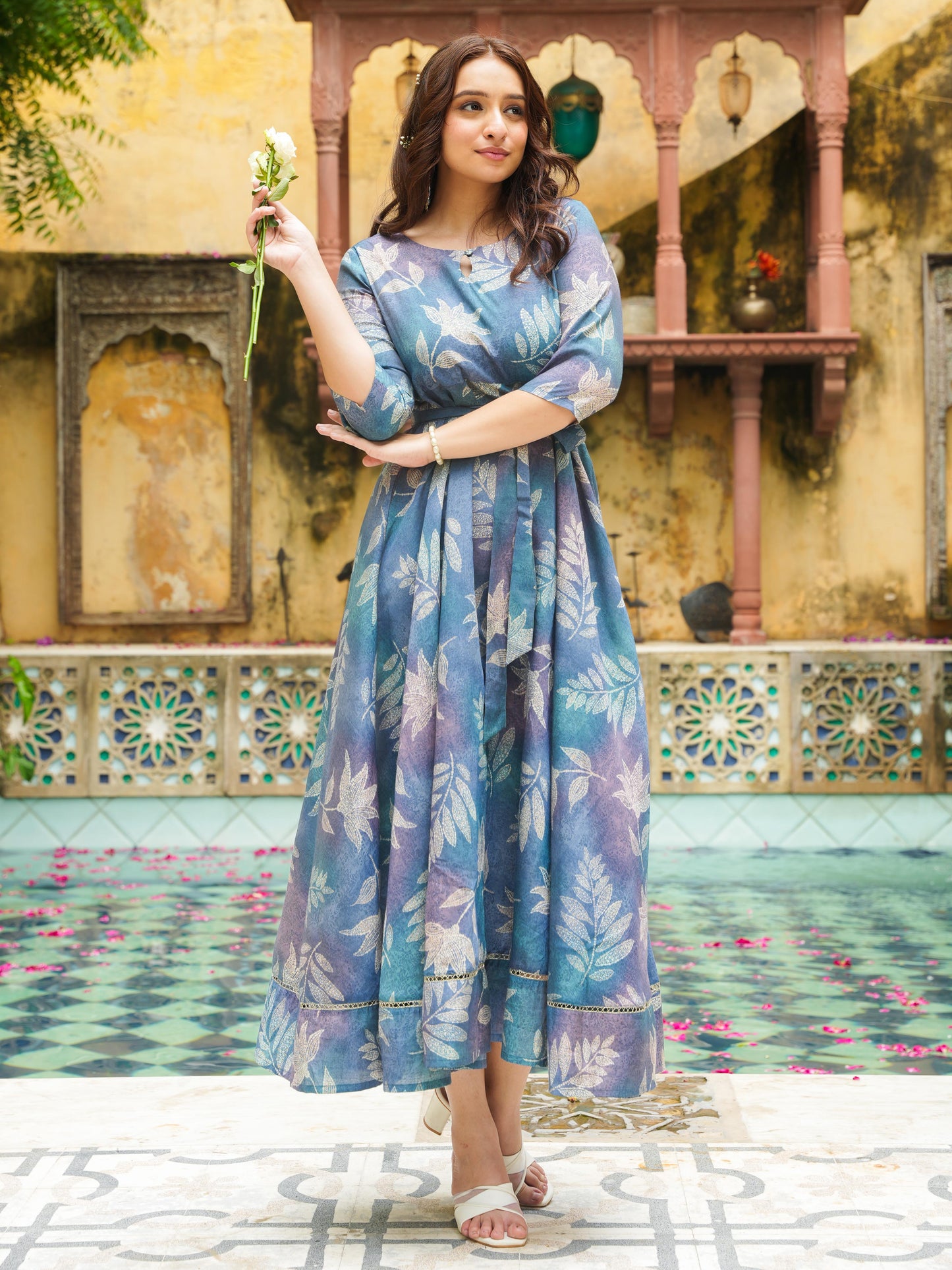 Blended Silk Floral Anarkali Blue Dress