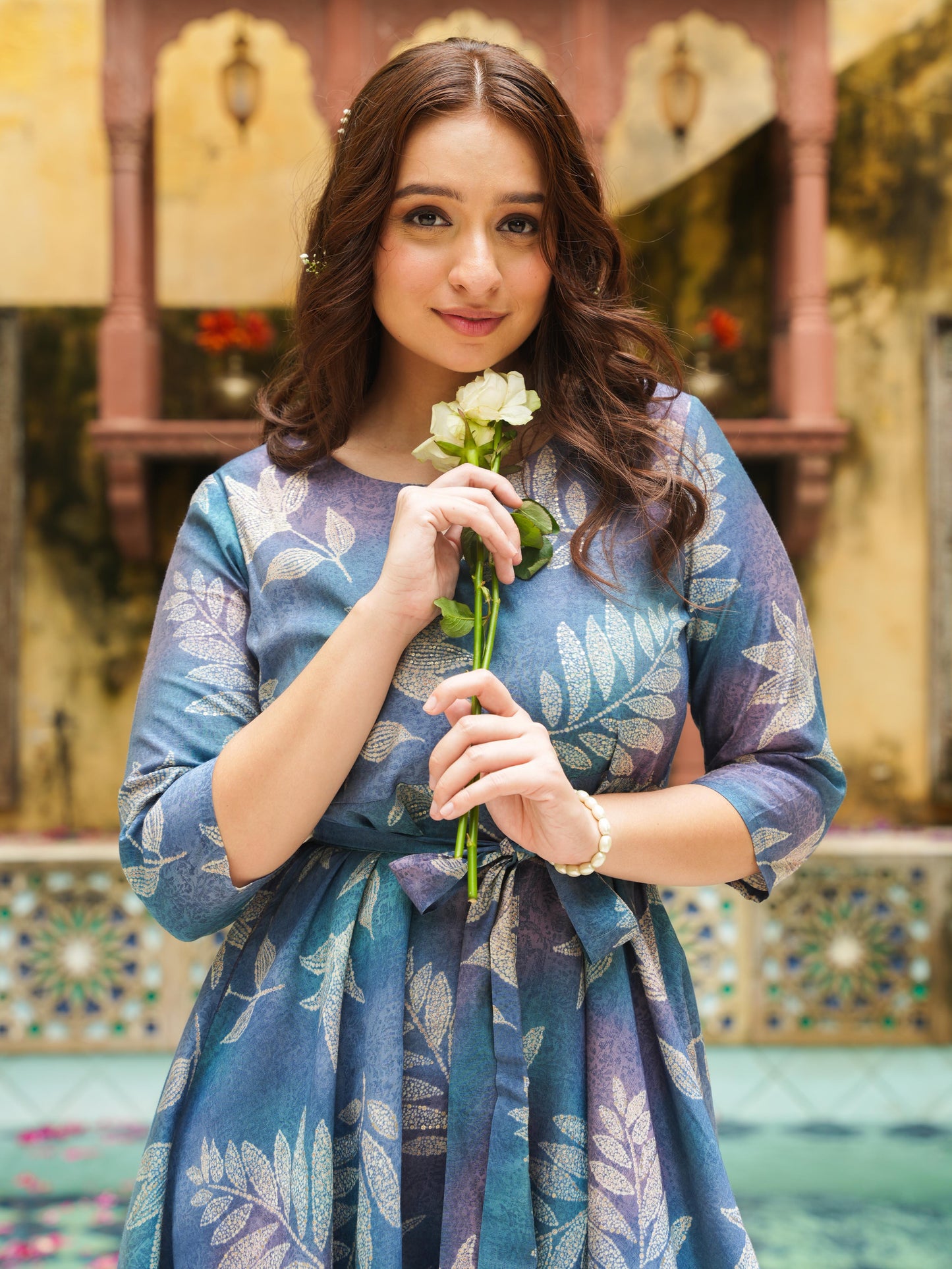 Blended Silk Floral Anarkali Blue Dress