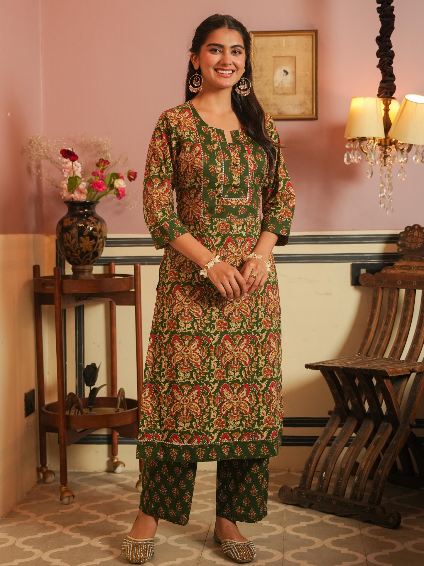 Soft Cotton Floral Straight Green Kurta
