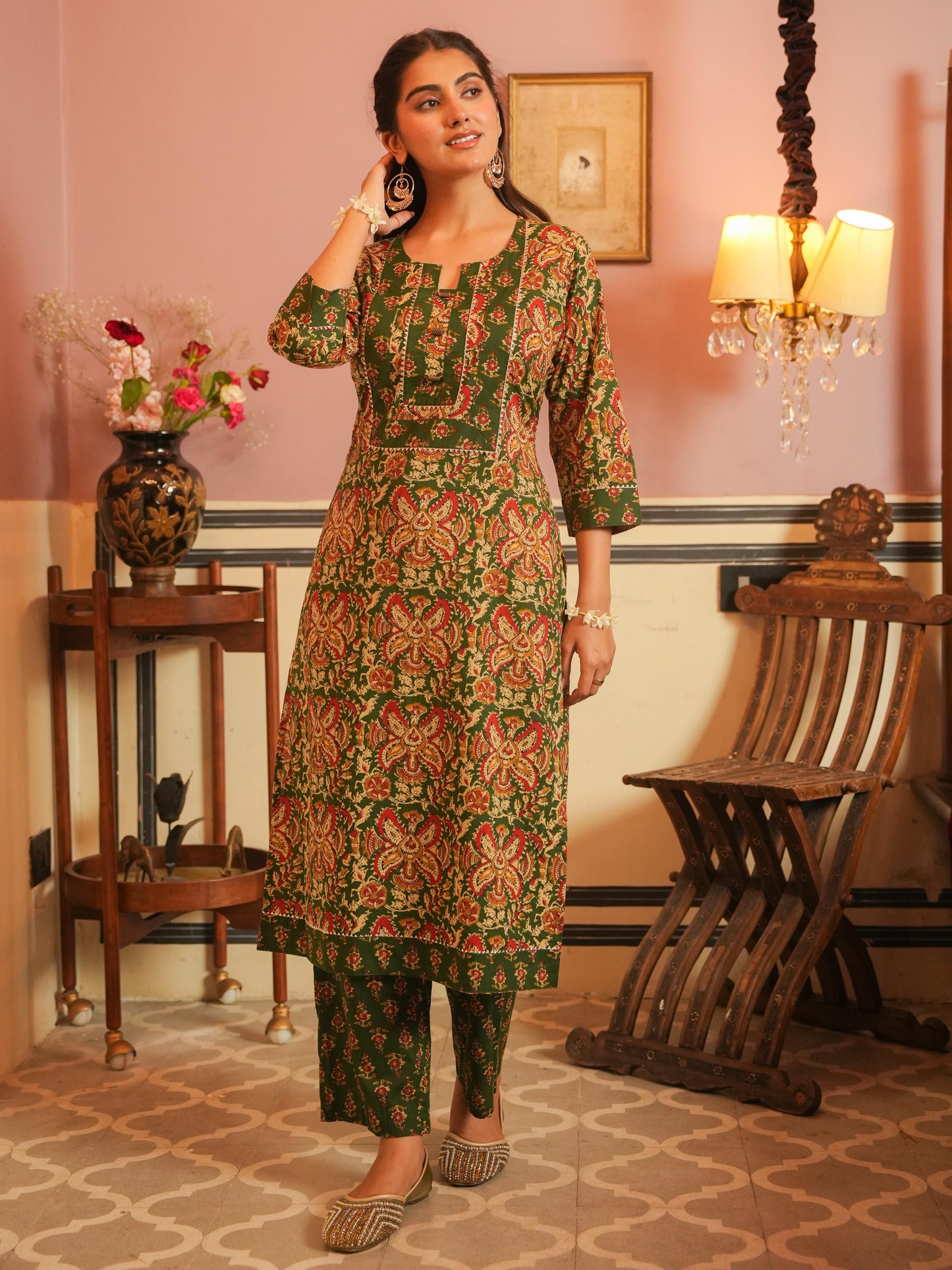 Soft Cotton Floral Straight Green Kurta
