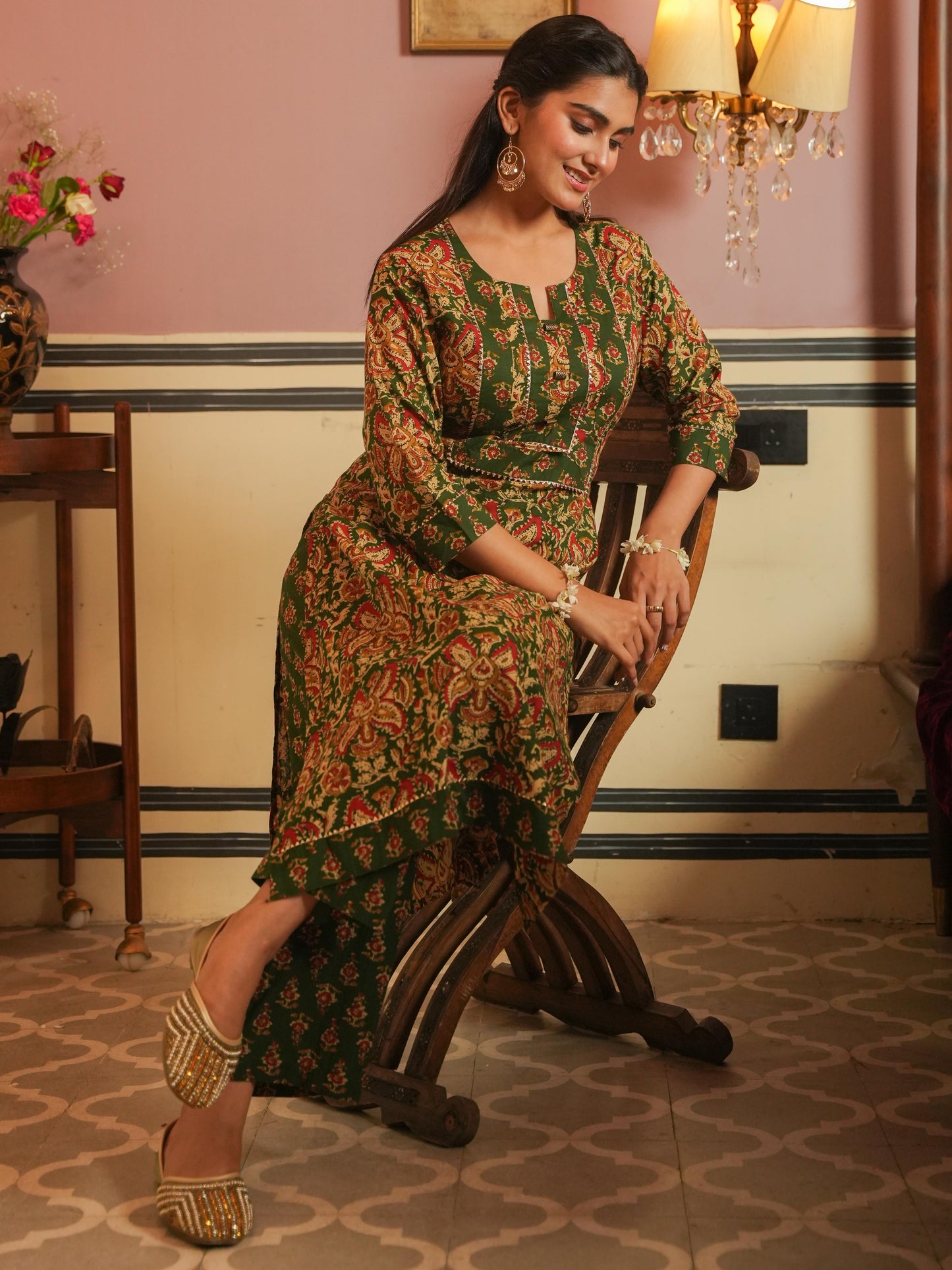 Soft Cotton Floral Straight Green Kurta