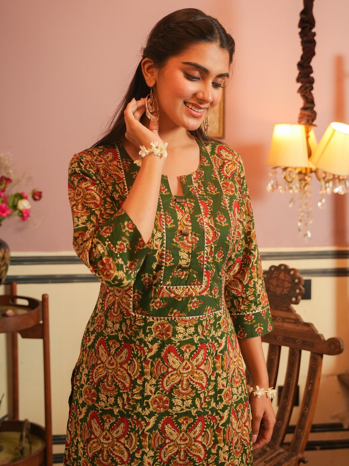 Soft Cotton Floral Straight Green Kurta