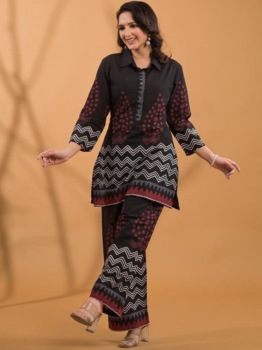 Printed Pure Cotton Shirt Collar Neck Tunic With Palazzo Co-Ords