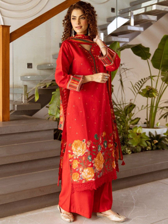 AUTUMN LANE Kabool Scarlet Floral Printed Pure Cotton Kurta With Trousers & Dupatta