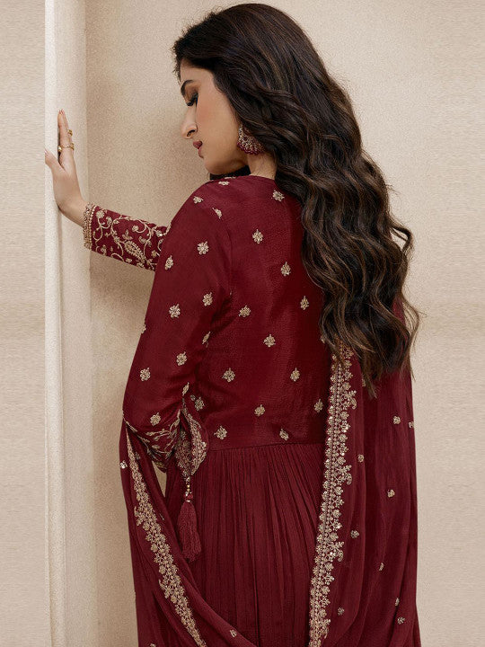 Trendmalls Women Ethnic Motifs Embroidered Pleated Sequinned Silk Chiffon Kurta with Trousers & With Dupatta